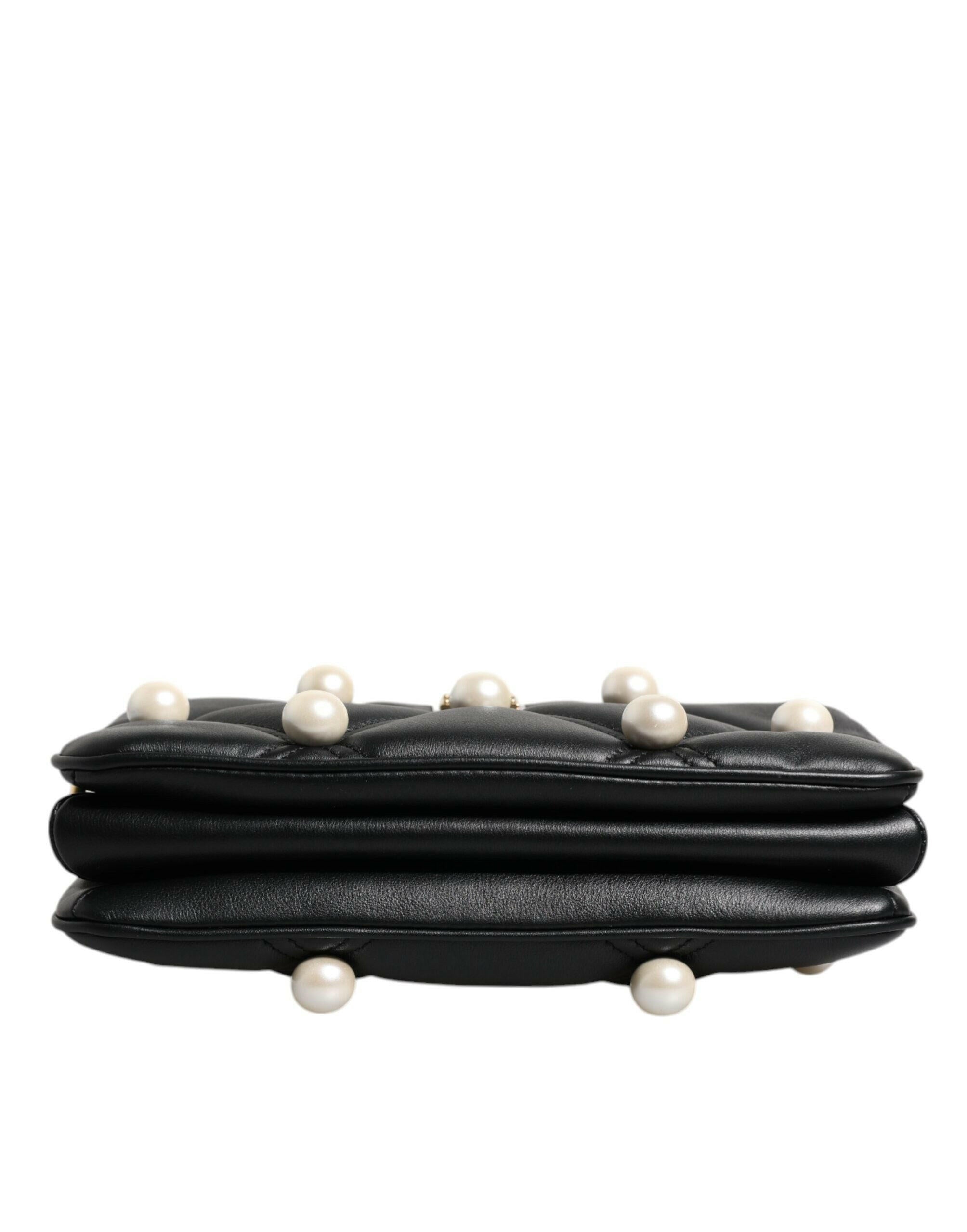 Dolce & Gabbana Black Leather Pearl Embellished Logo Shoulder Bag Dolce & Gabbana