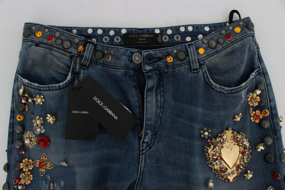 Dolce & Gabbana Crystal Roses Heart Embellished Jeans.
