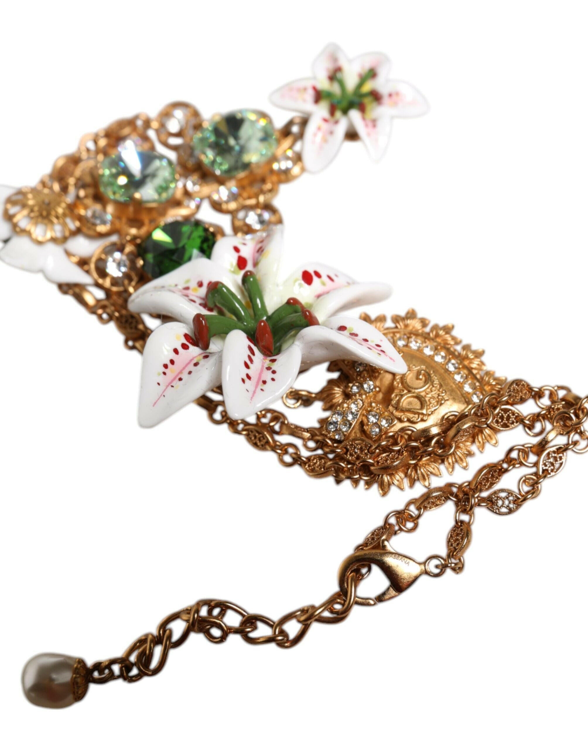Dolce & Gabbana Gold Brass Lily Crystal Sacred Heart Pendant Necklace Dolce & Gabbana