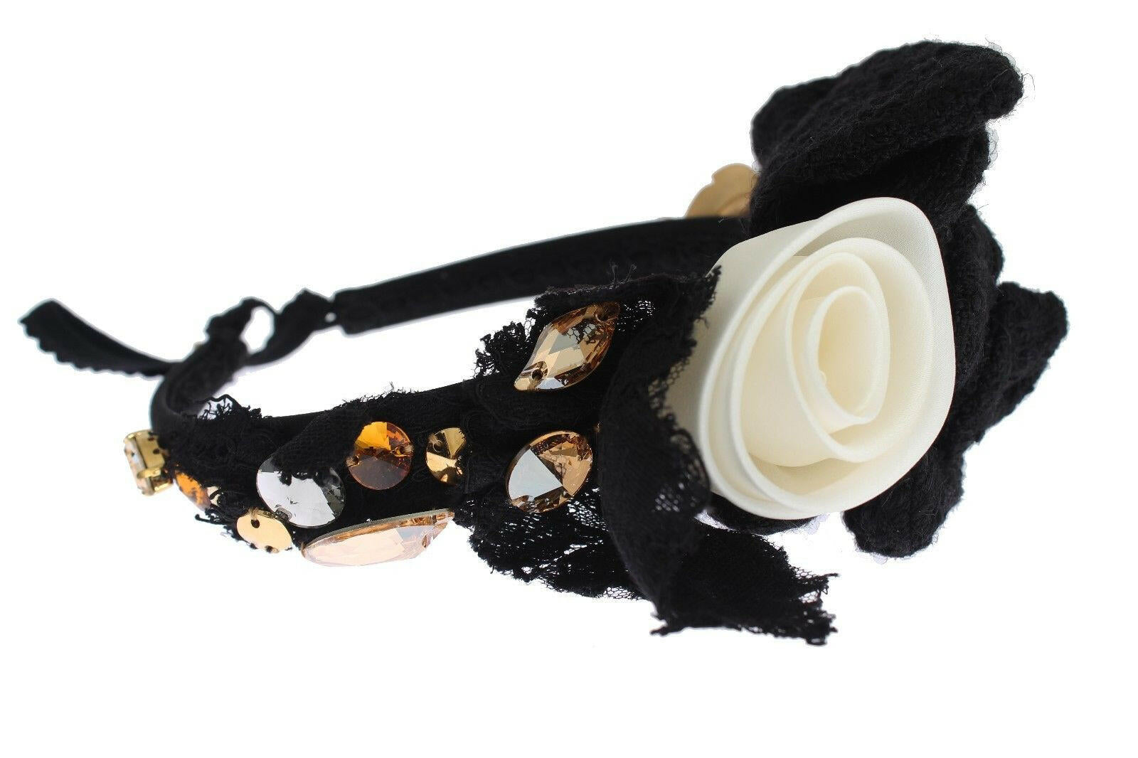 Dolce & Gabbana Diadem Headband Tiara White Rose Crystal Hair Gold.