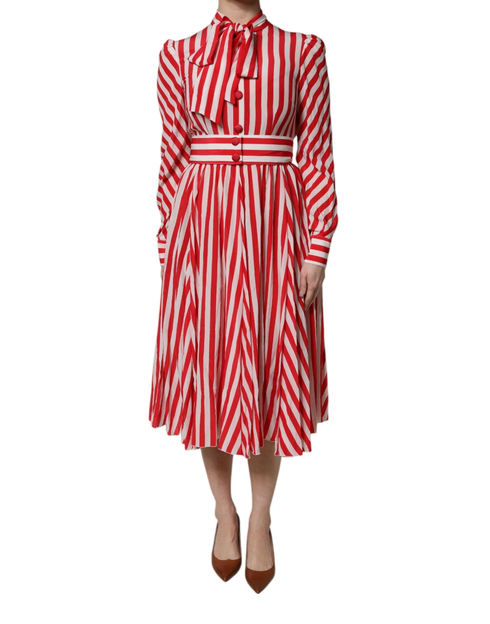 Dolce & Gabbana White Red Stripes Long Sleeves Midi Dress Dolce & Gabbana