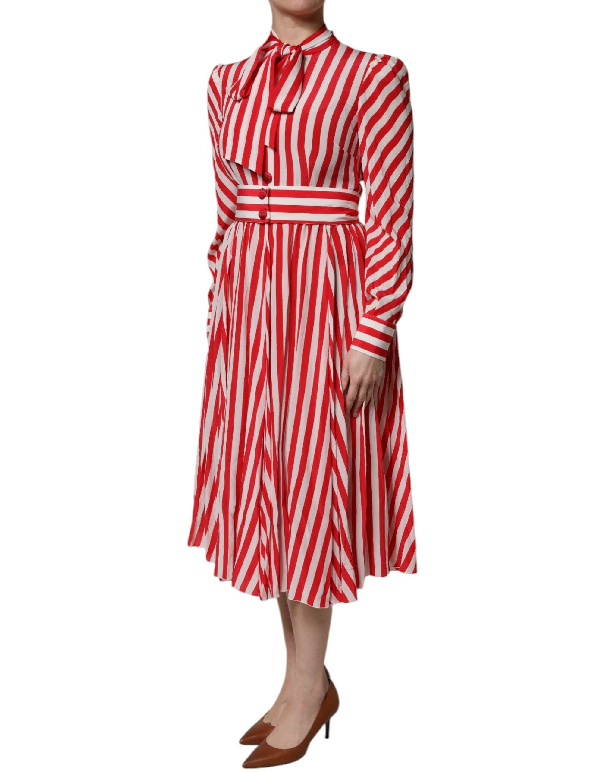 Dolce & Gabbana White Red Stripes Long Sleeves Midi Dress Dolce & Gabbana