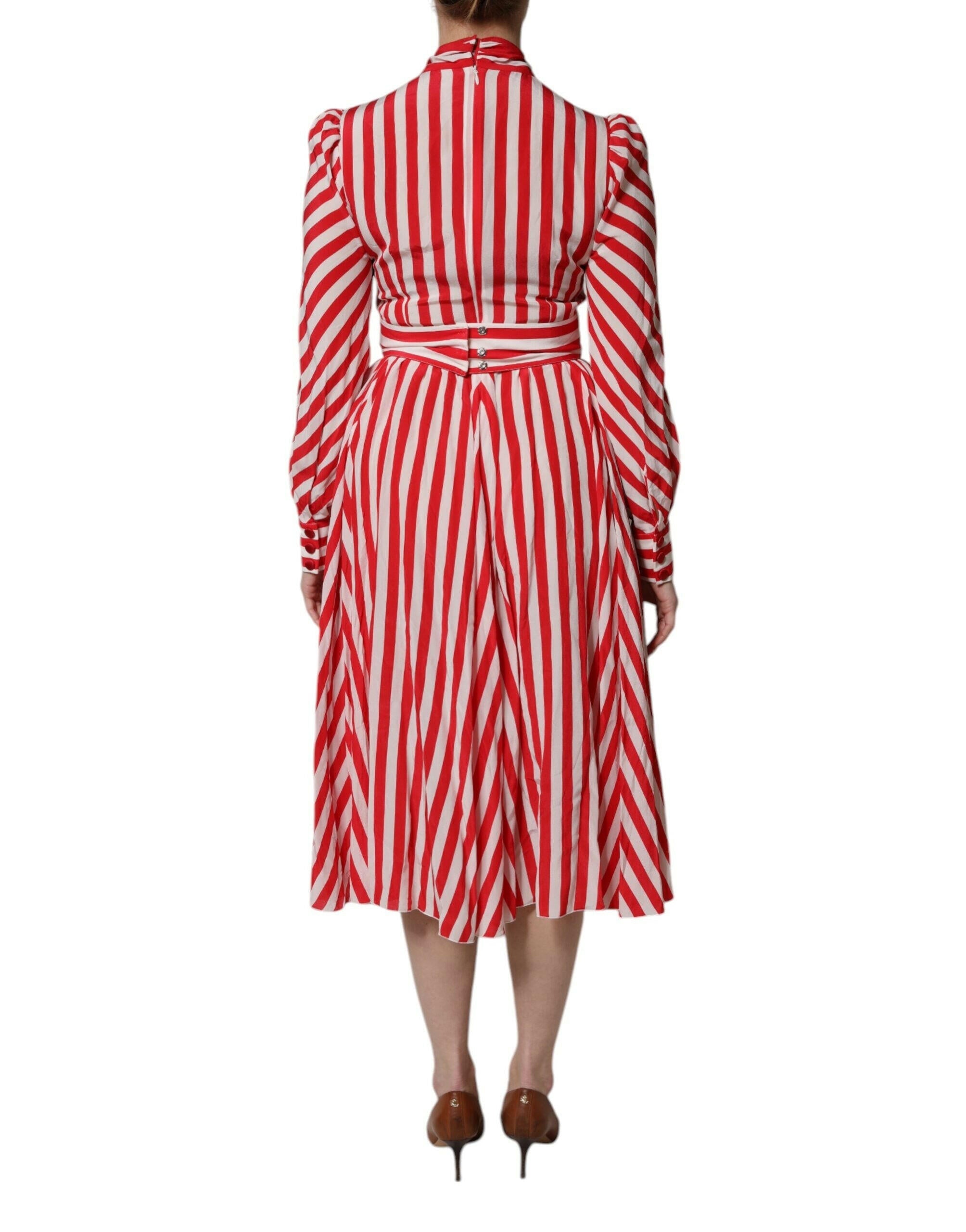 Dolce & Gabbana White Red Stripes Long Sleeves Midi Dress Dolce & Gabbana