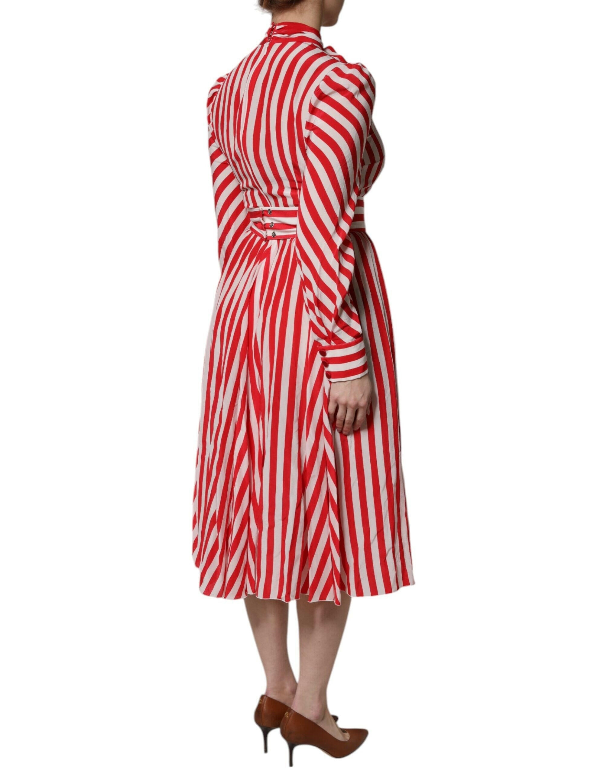 Dolce & Gabbana White Red Stripes Long Sleeves Midi Dress Dolce & Gabbana