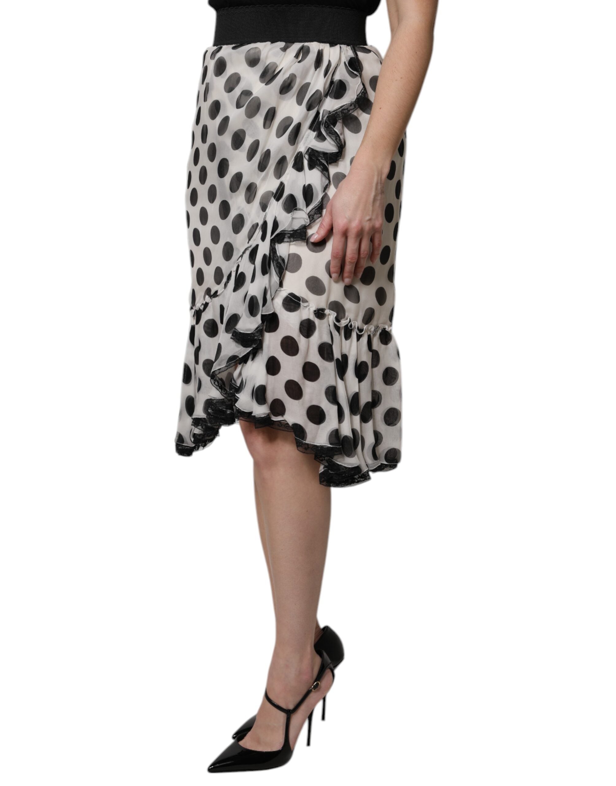 Dolce & Gabbana White Black Polka Dots Knee Length Skirt Dolce & Gabbana