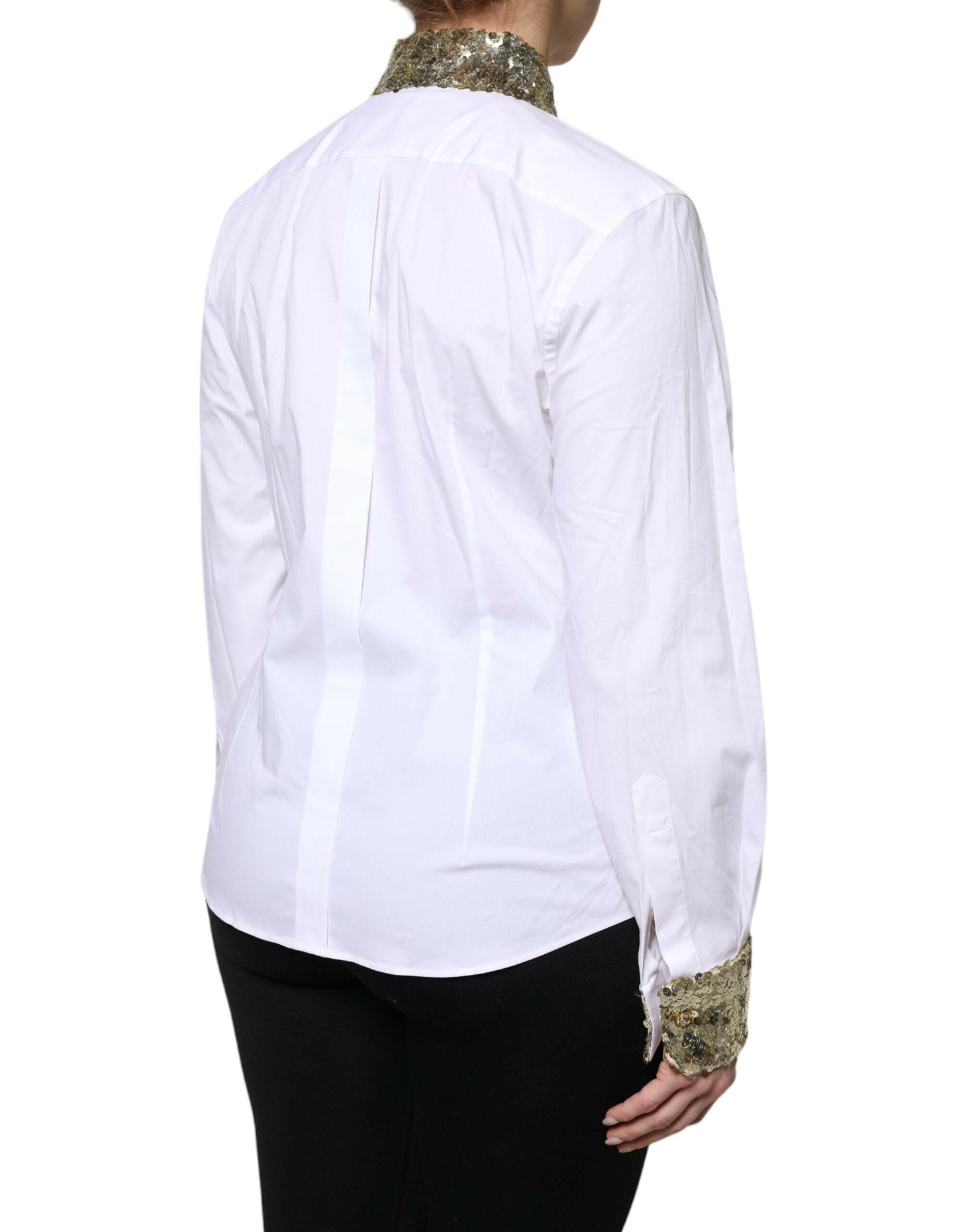 Dolce & Gabbana White Cotton Long Sleeves Sequin Shirt Top Dolce & Gabbana