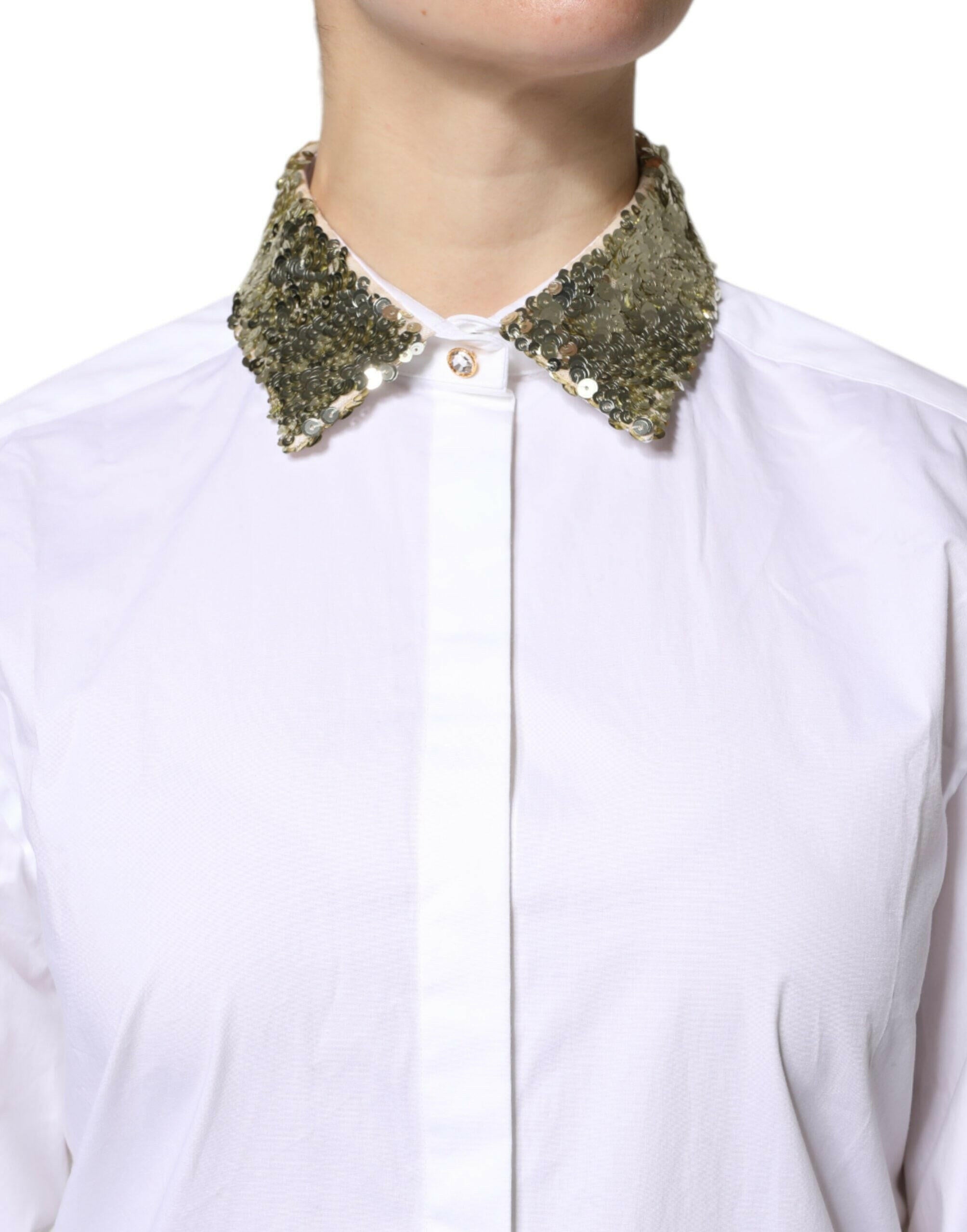 Dolce & Gabbana White Cotton Long Sleeves Sequin Shirt Top Dolce & Gabbana