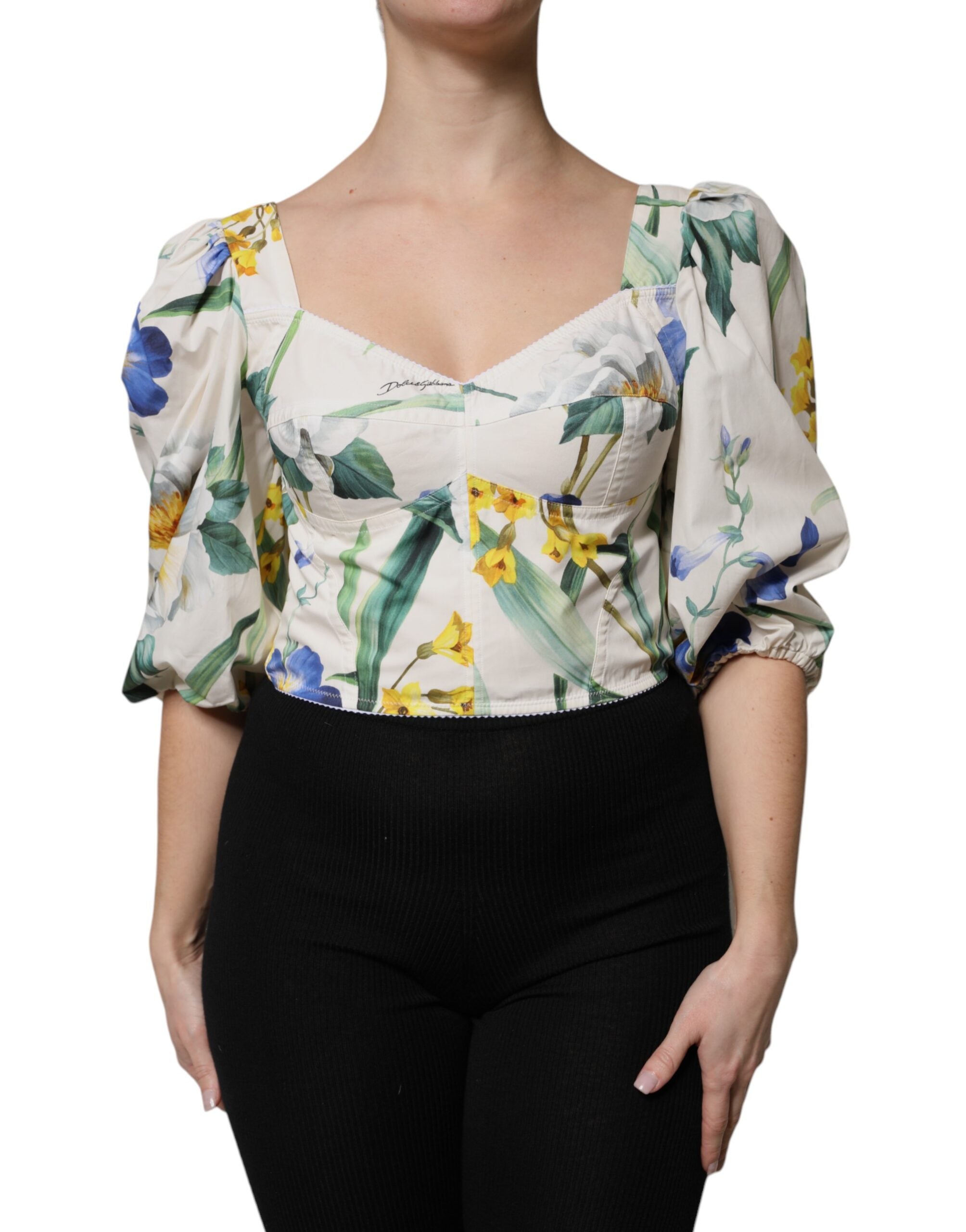 Dolce & Gabbana White Floral Puff Sleeves Crop Blouse Top