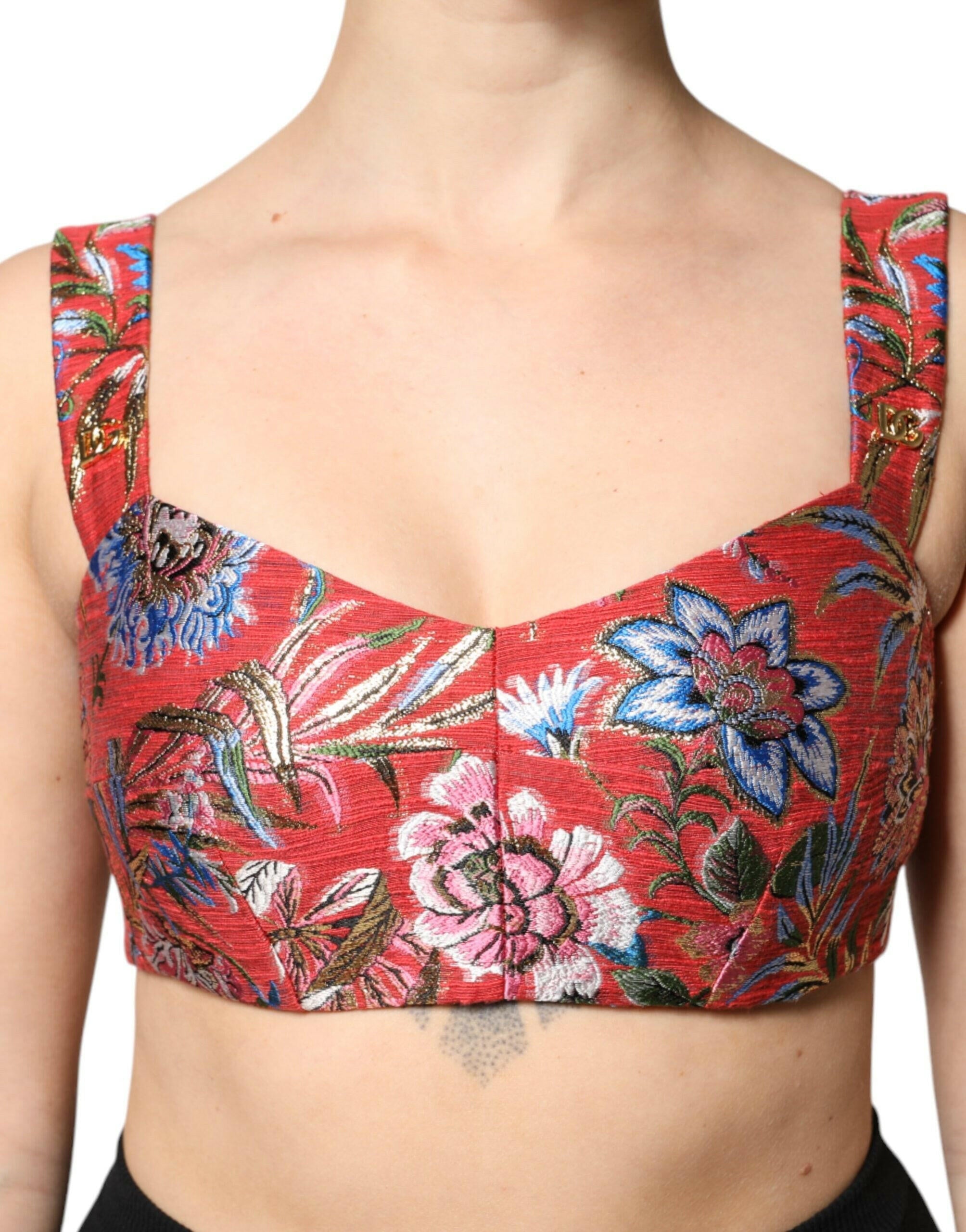 Dolce & Gabbana Red Floral Brocade Cropped Bustier Corset Top Dolce & Gabbana