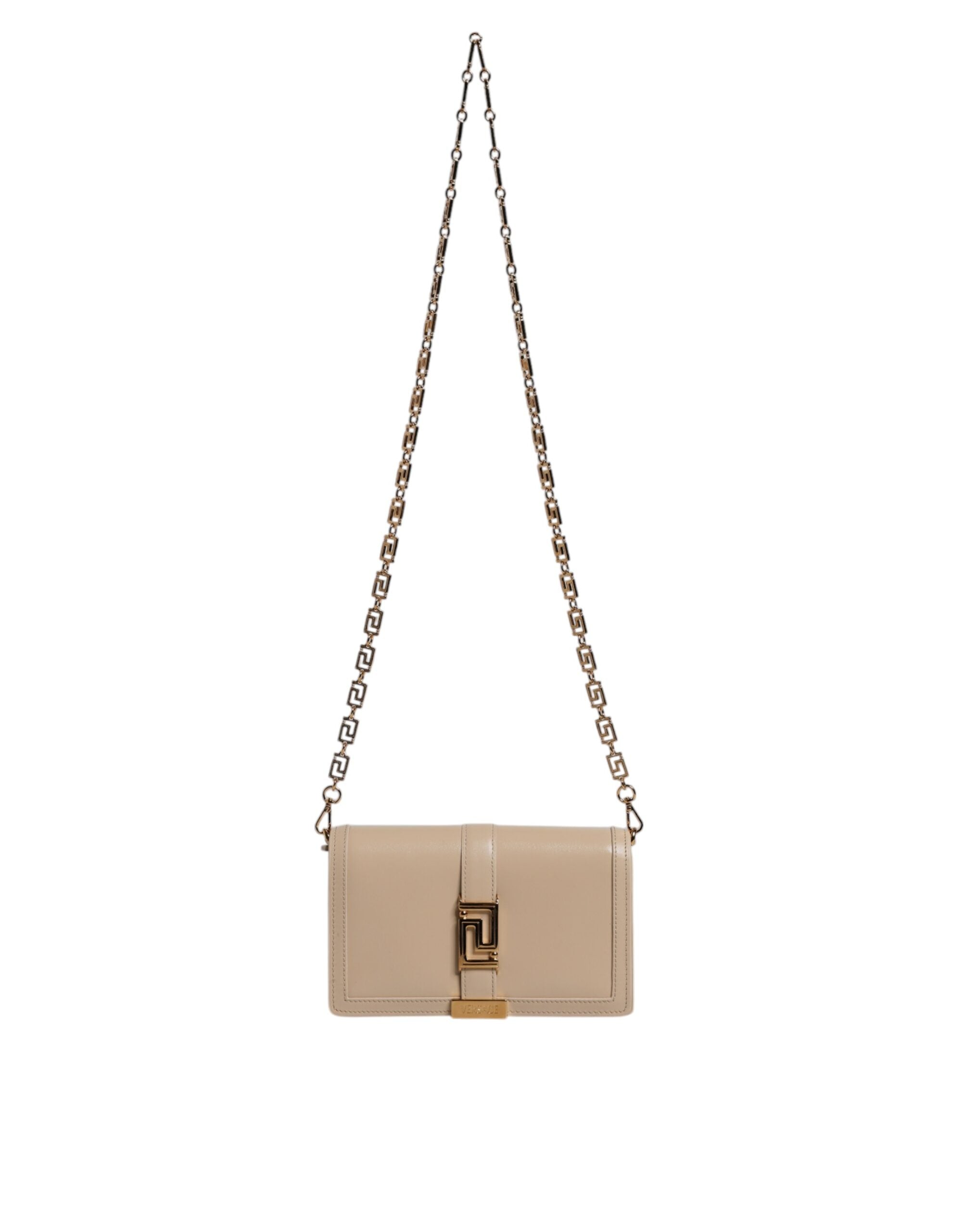 Versace Beige Gold Chain Calf Leather Wallet Crossbody Bag Versace