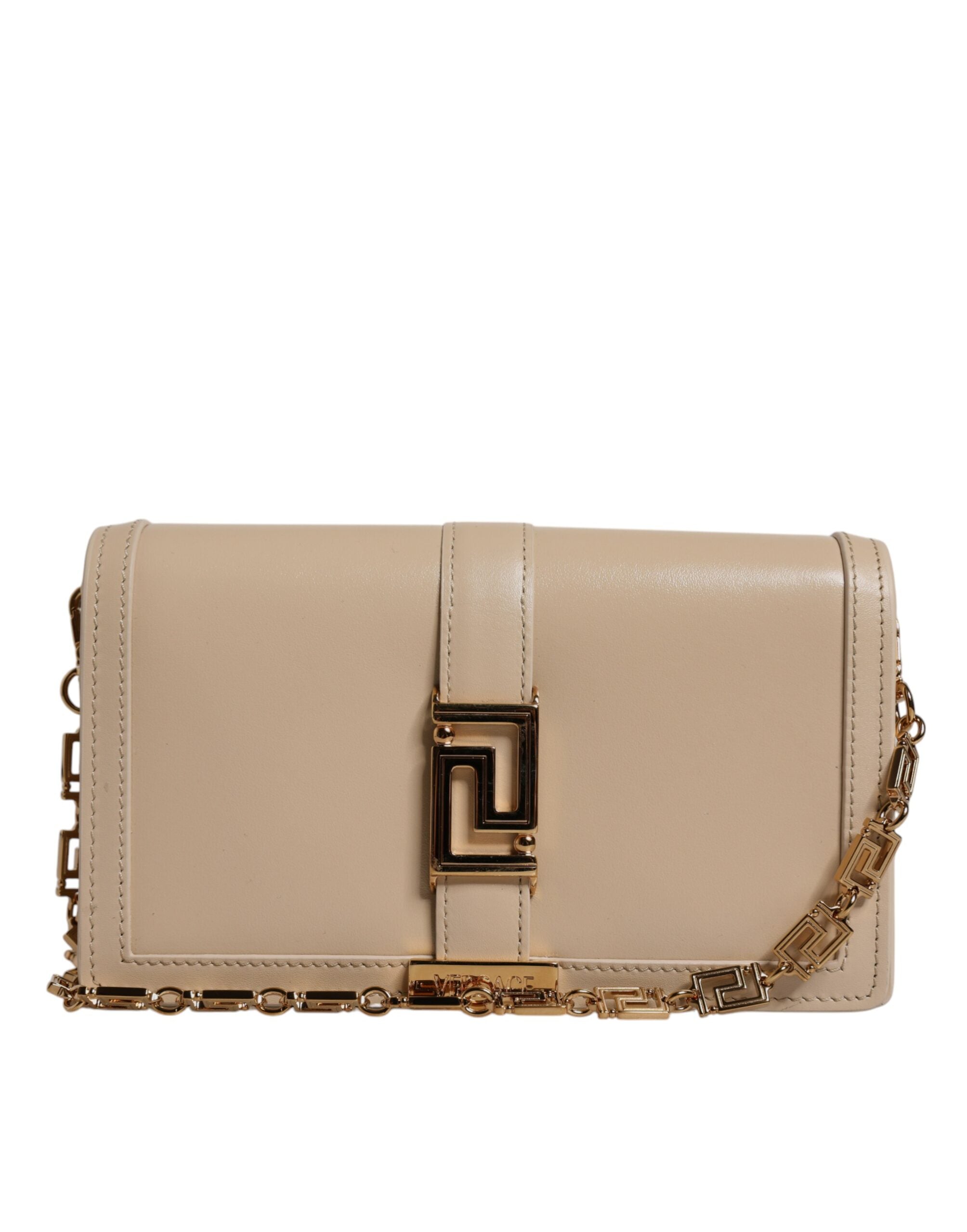 Versace Beige Gold Chain Calf Leather Wallet Crossbody Bag Versace