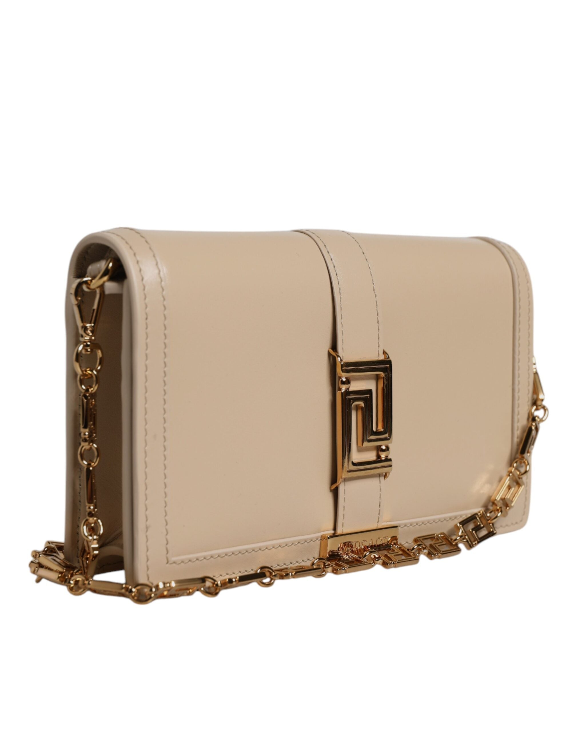 Versace Beige Gold Chain Calf Leather Wallet Crossbody Bag Versace