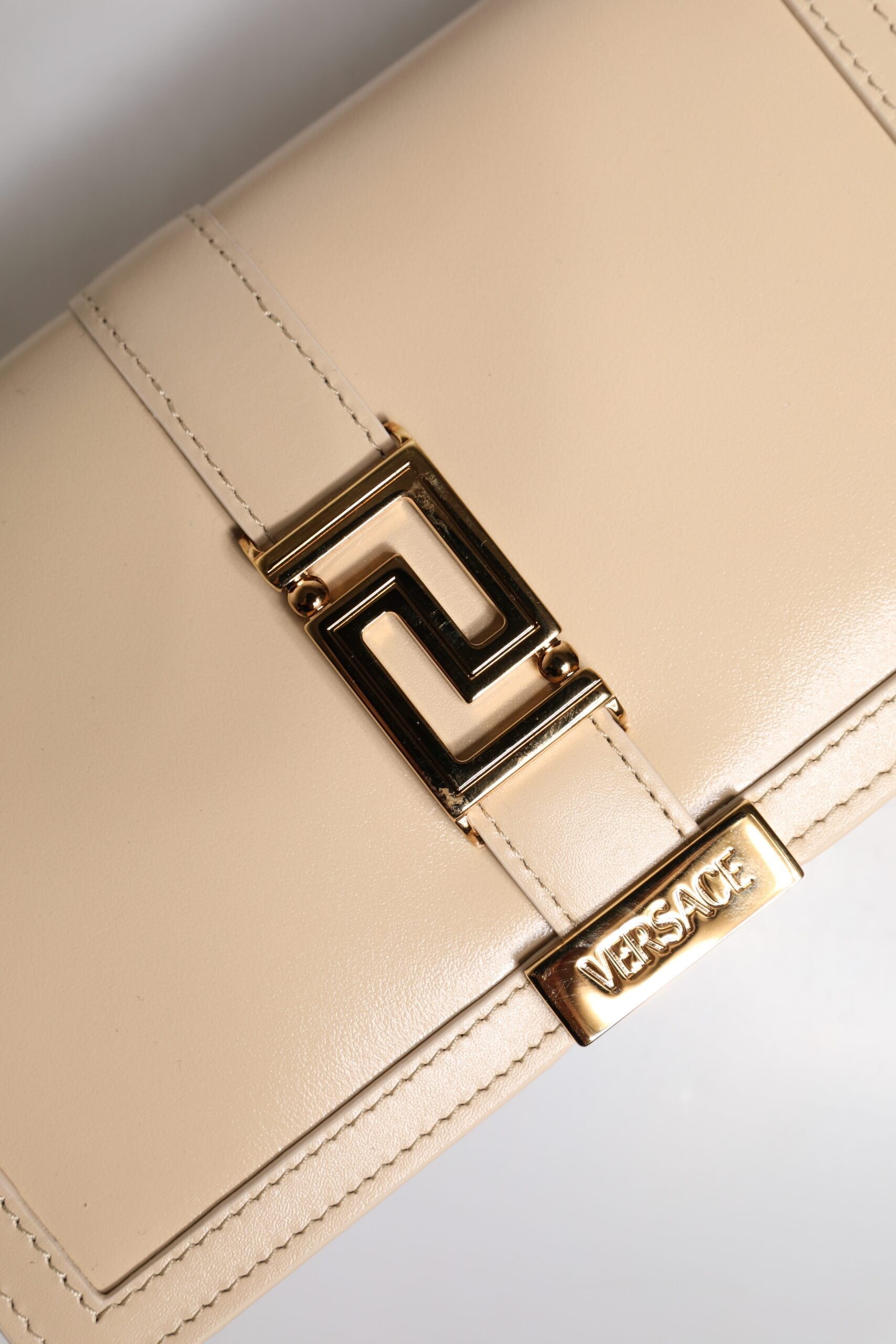 Versace Beige Gold Chain Calf Leather Wallet Crossbody Bag Versace