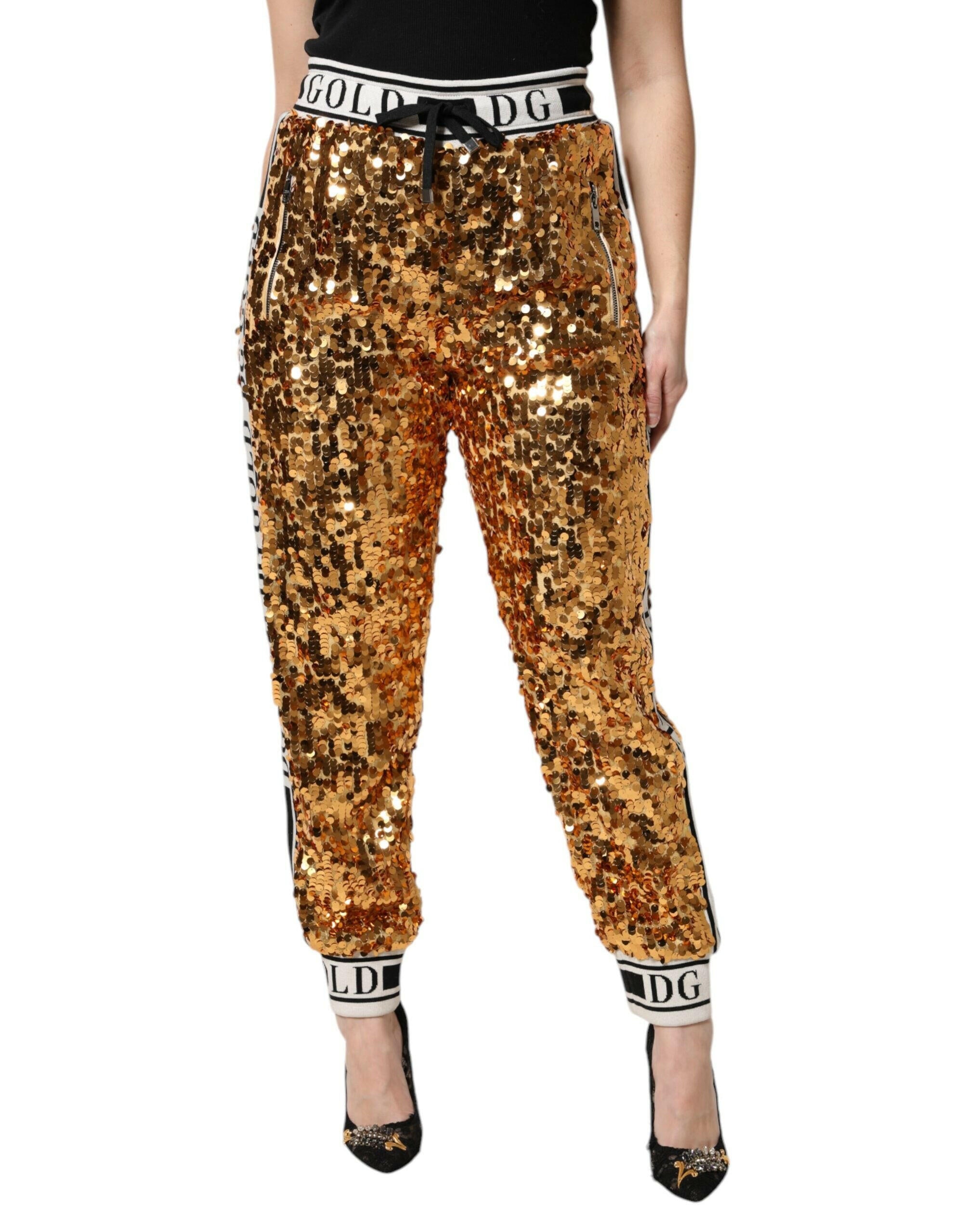 Dolce & Gabbana Metallic Gold DG Logo Sequined Jogger Pants Dolce & Gabbana