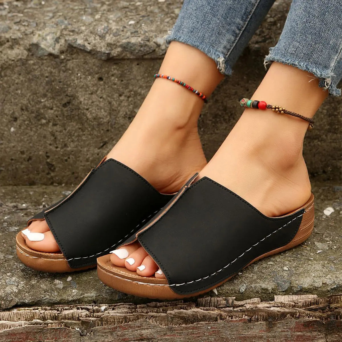 Fashion Solid Wedges Sandals Summer Casual Peep-toe Slippers Outdoor Thick Sole Heightening Slides Shoes Women - MaraFormigone