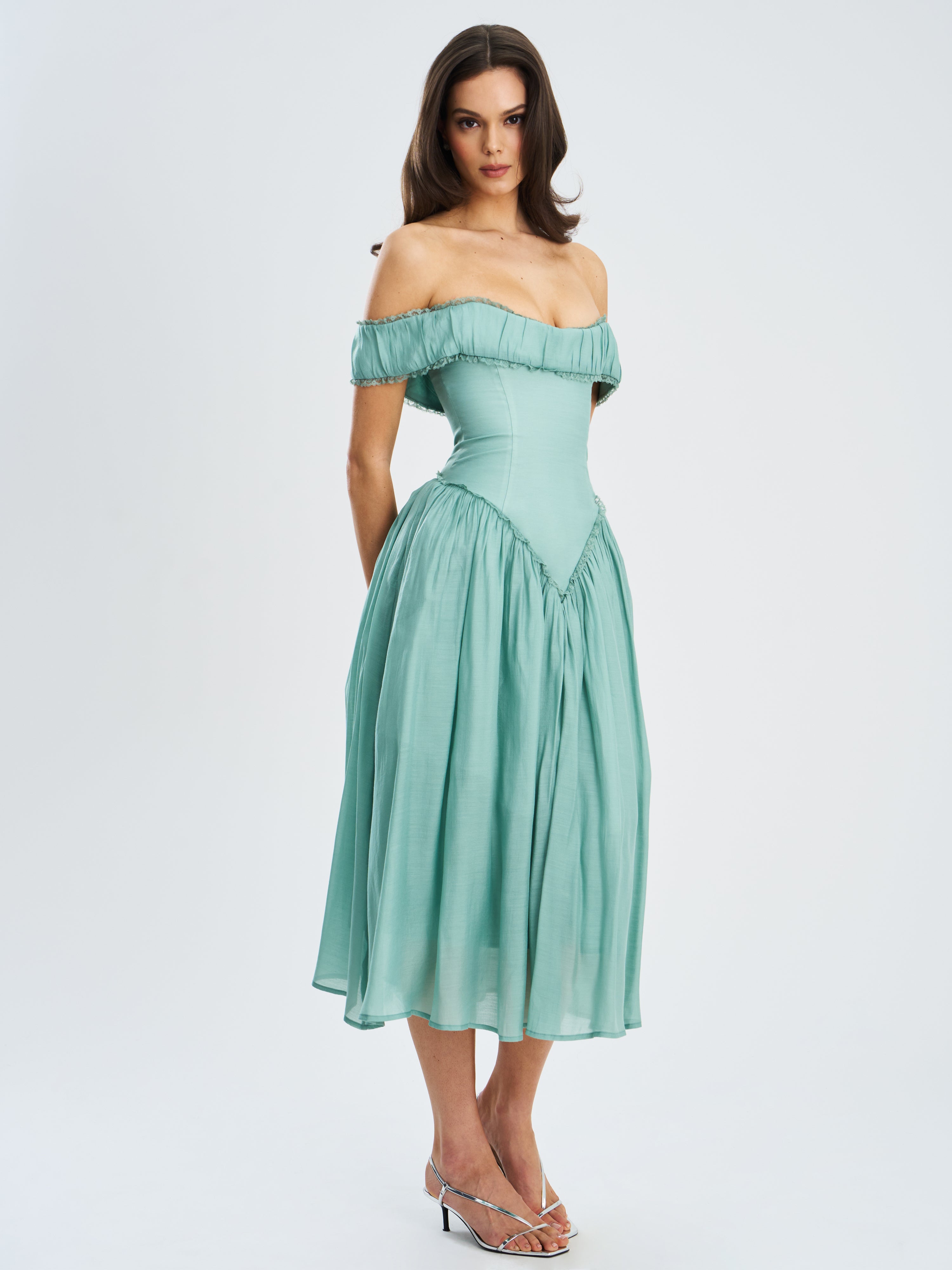 Xavy Teal Green Off Shoulder Corset Midi Dress