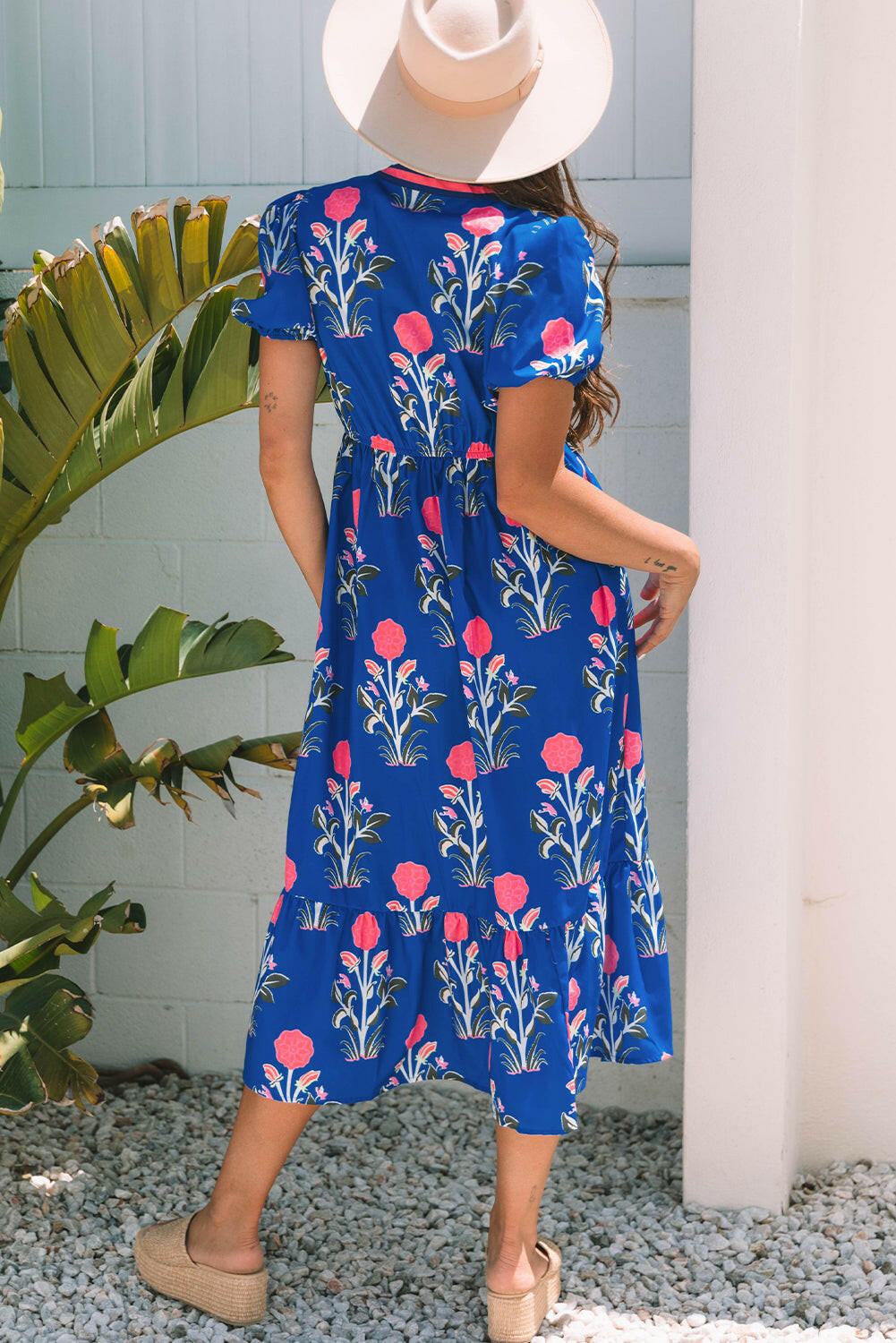 Luxury Floral Puff Short Sleeve V Neck High Waist Maxi Dress.