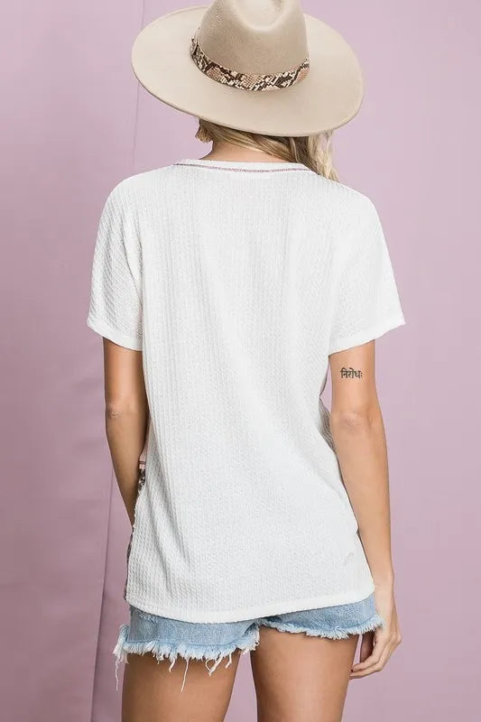 BiBi Colr Block Waffle Knit Top in Taupe.