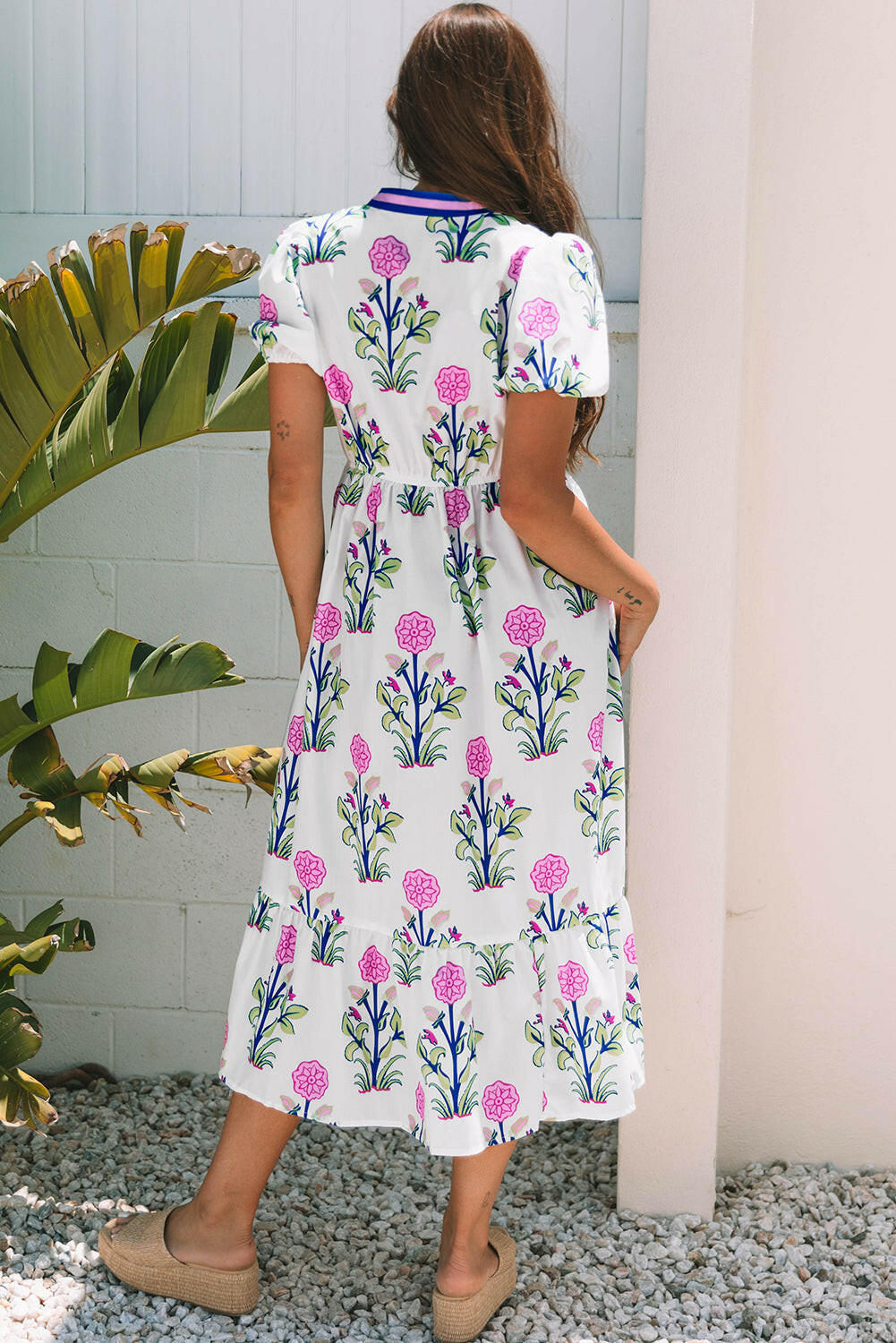 Luxury Floral Puff Short Sleeve V Neck High Waist Maxi Dress.