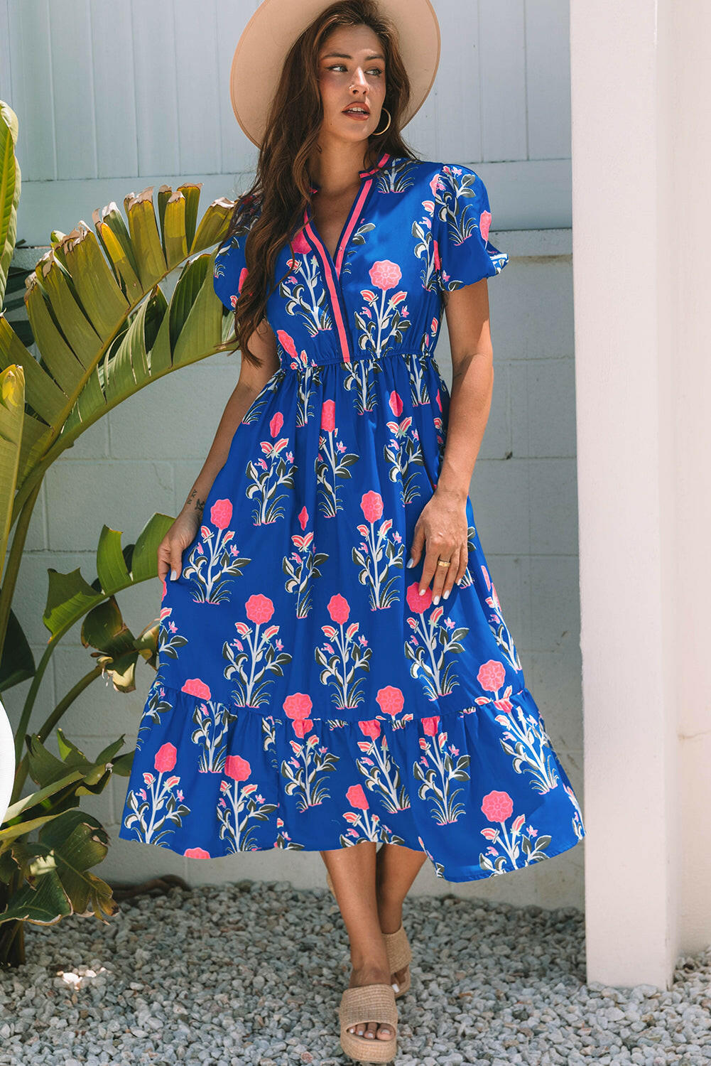 Luxury Floral Puff Short Sleeve V Neck High Waist Maxi Dress.