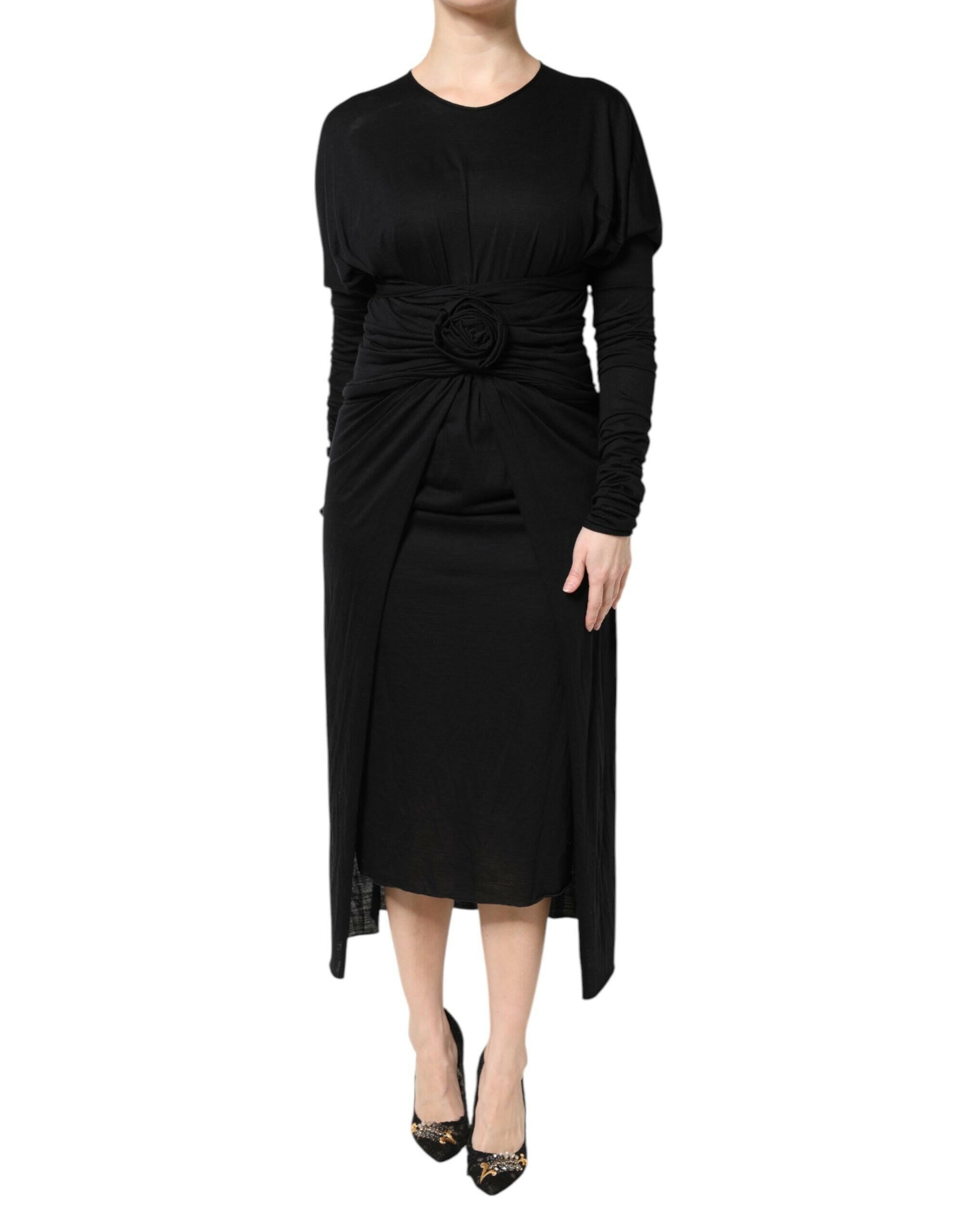 Dolce & Gabbana Black Wool Long Sleeves Sheath Midi Dress Dolce & Gabbana