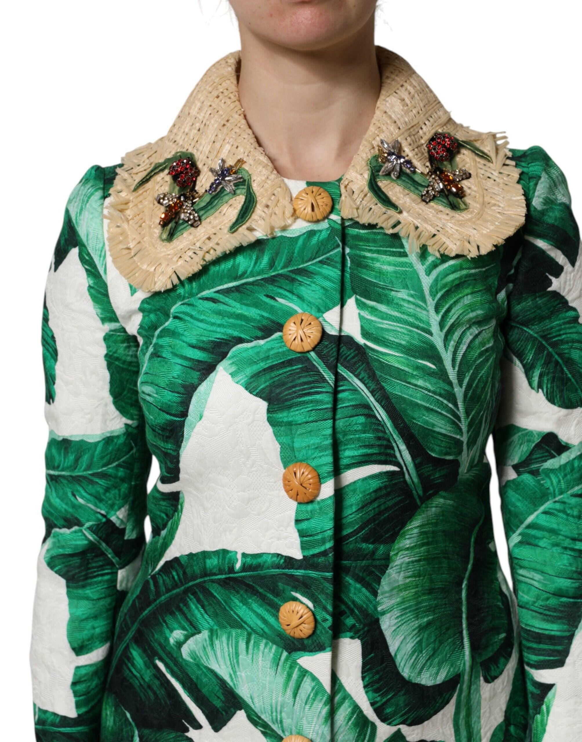 Dolce & Gabbana Multicolor Leaf Print Embellished Trenchcoat Jacket Dolce & Gabbana