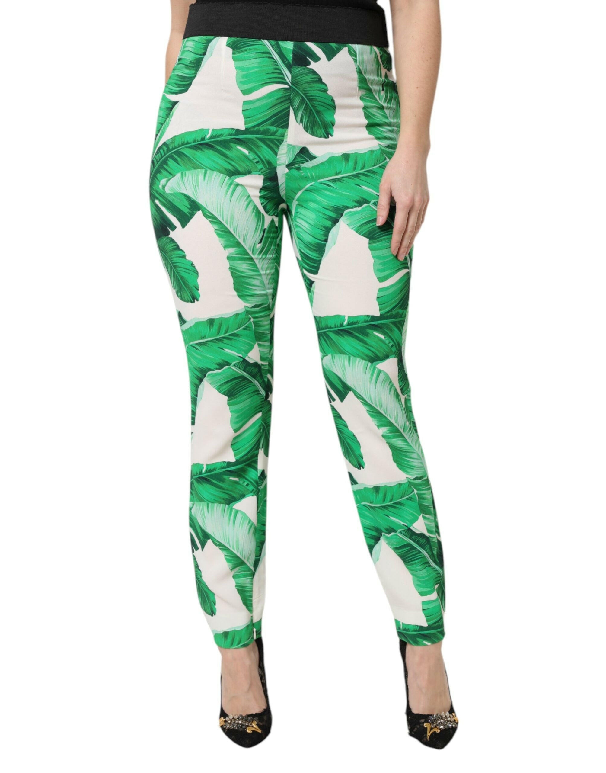 Dolce & Gabbana White Green Leaf High Waist Pants Dolce & Gabbana