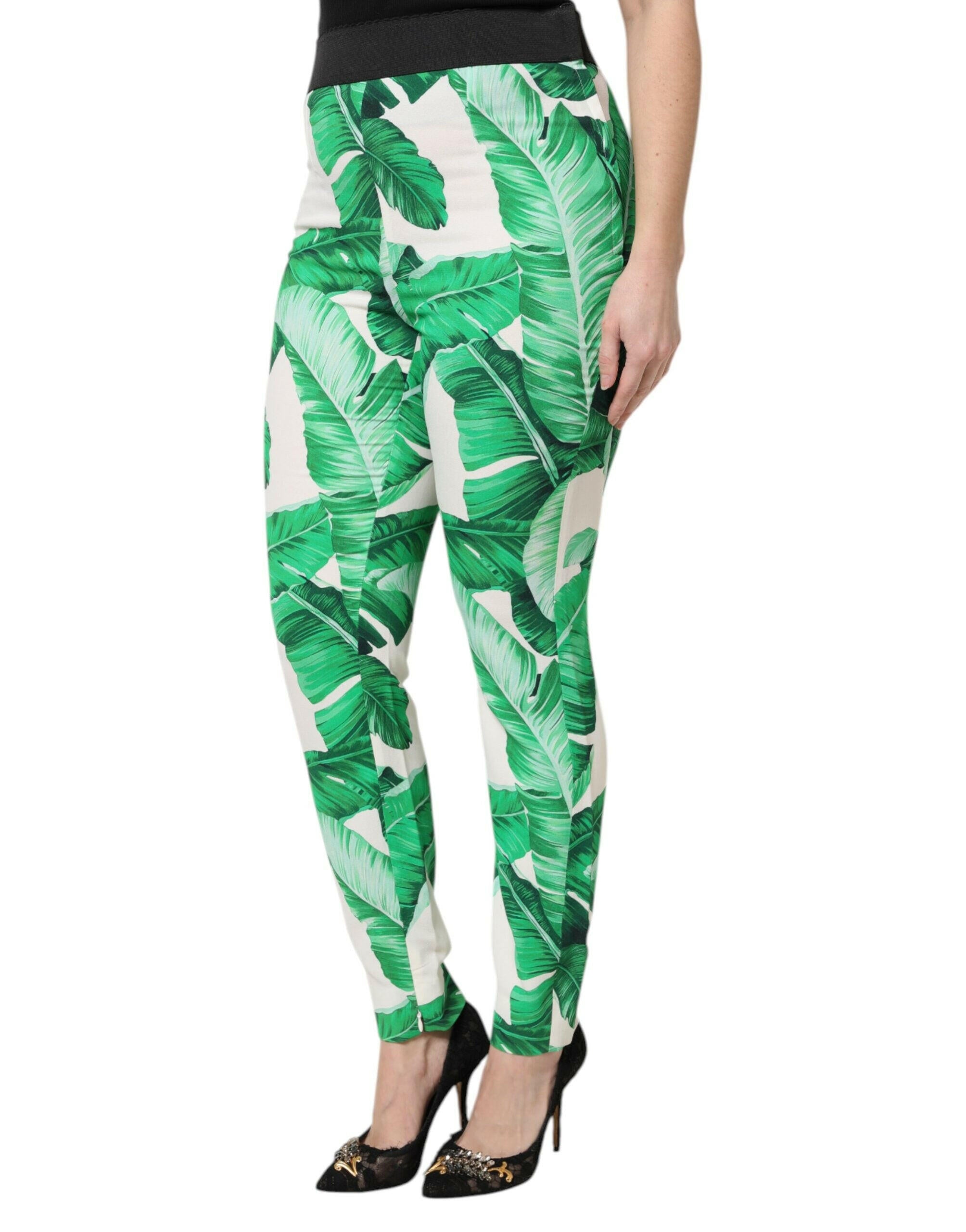 Dolce & Gabbana White Green Leaf High Waist Pants Dolce & Gabbana