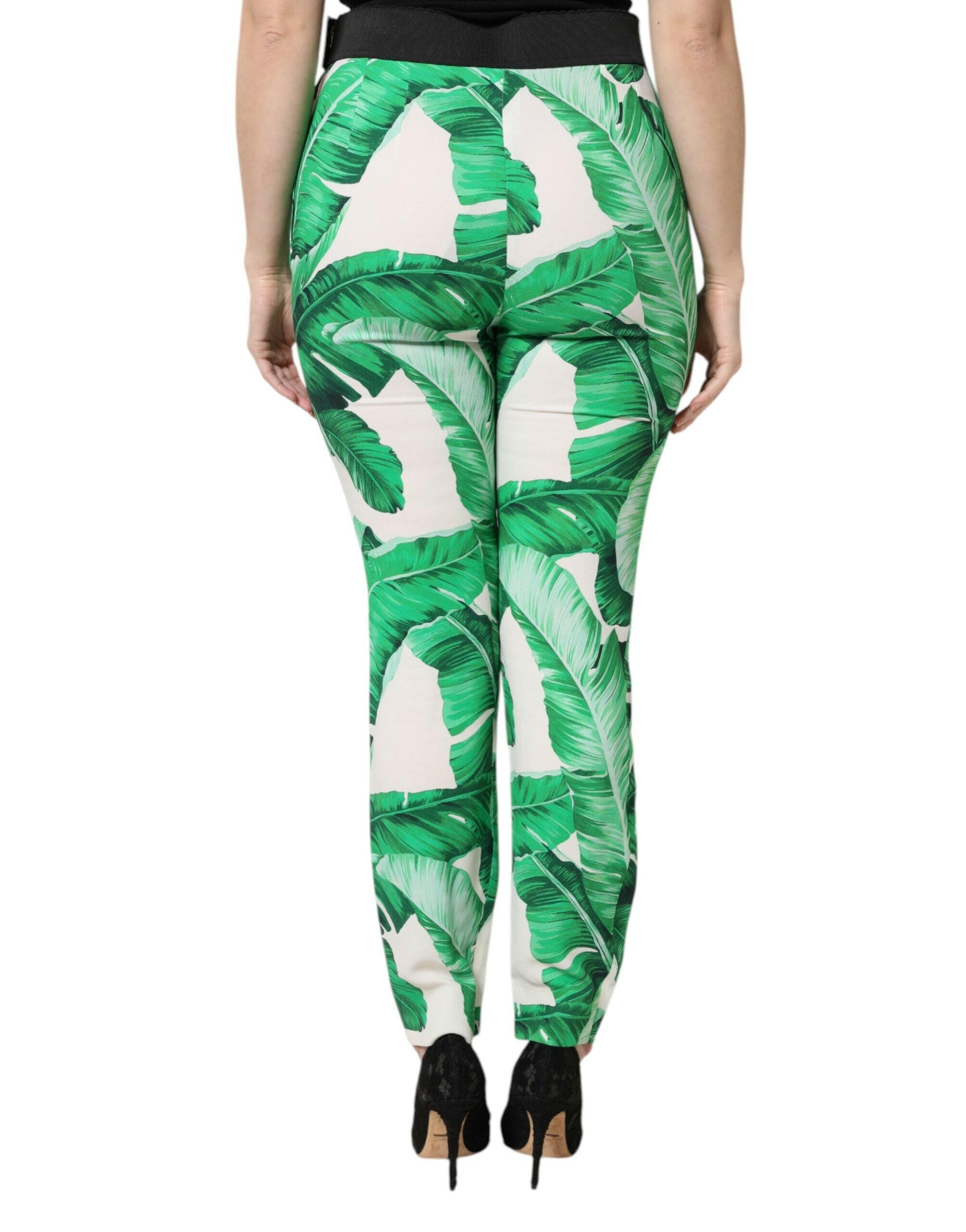 Dolce & Gabbana White Green Leaf High Waist Pants Dolce & Gabbana