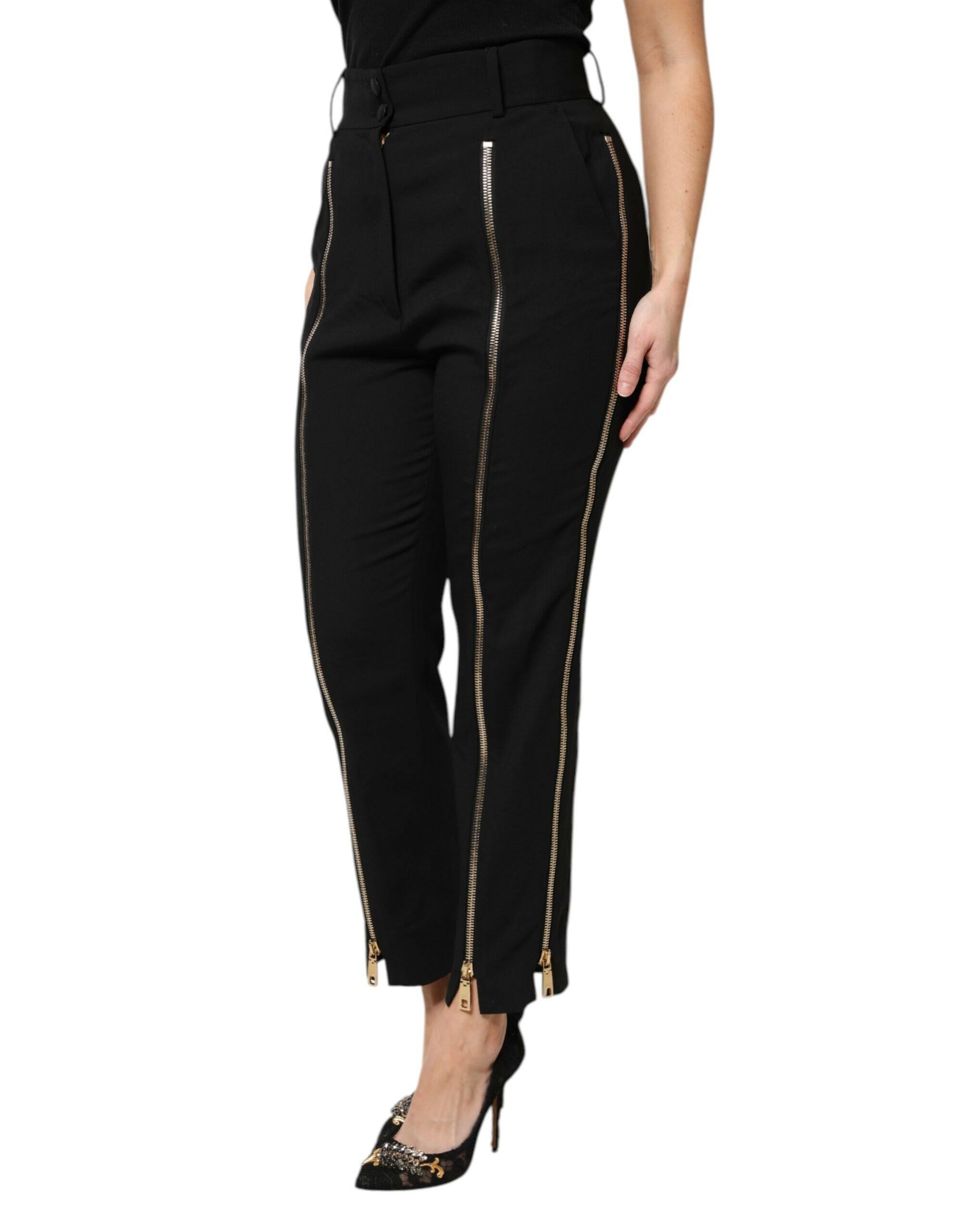 Dolce & Gabbana Black Wool High Waist Zipper Tapered Pants Dolce & Gabbana