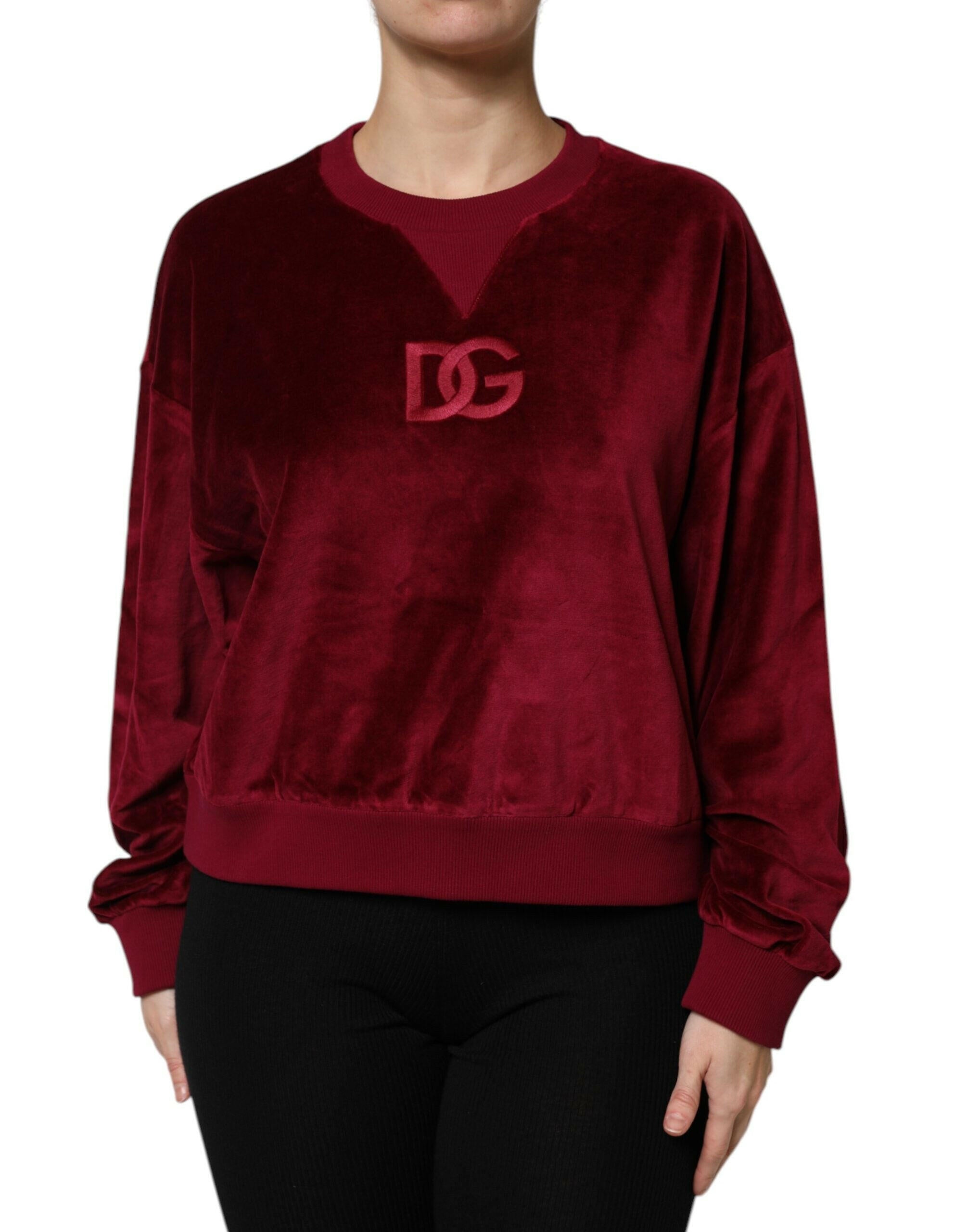 Dolce & Gabbana Red Cotton Velvet Crew Neck Pullover Sweater Dolce & Gabbana