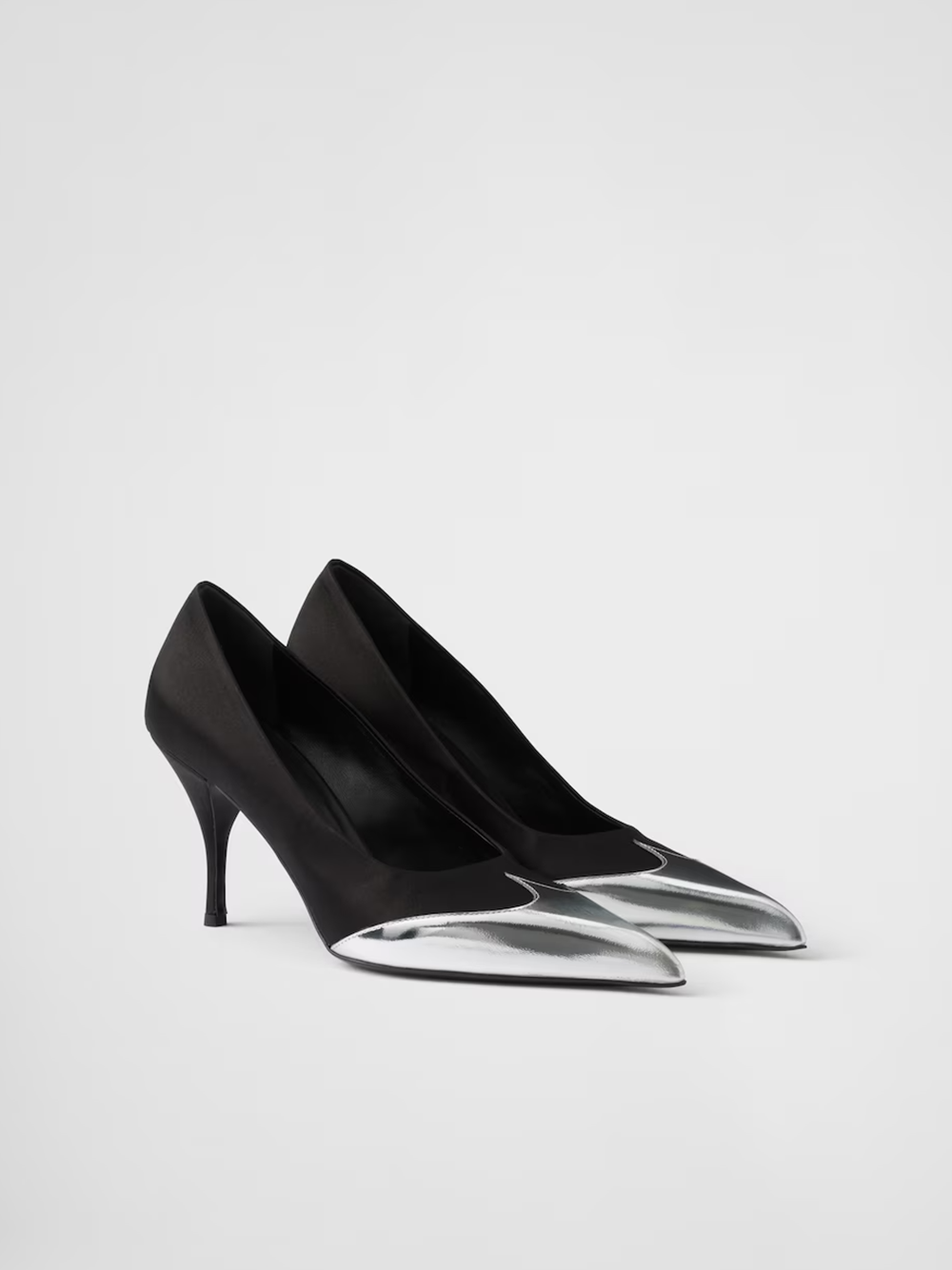 Prada Black Satin And Metallic Silver Leather Pumps Prada