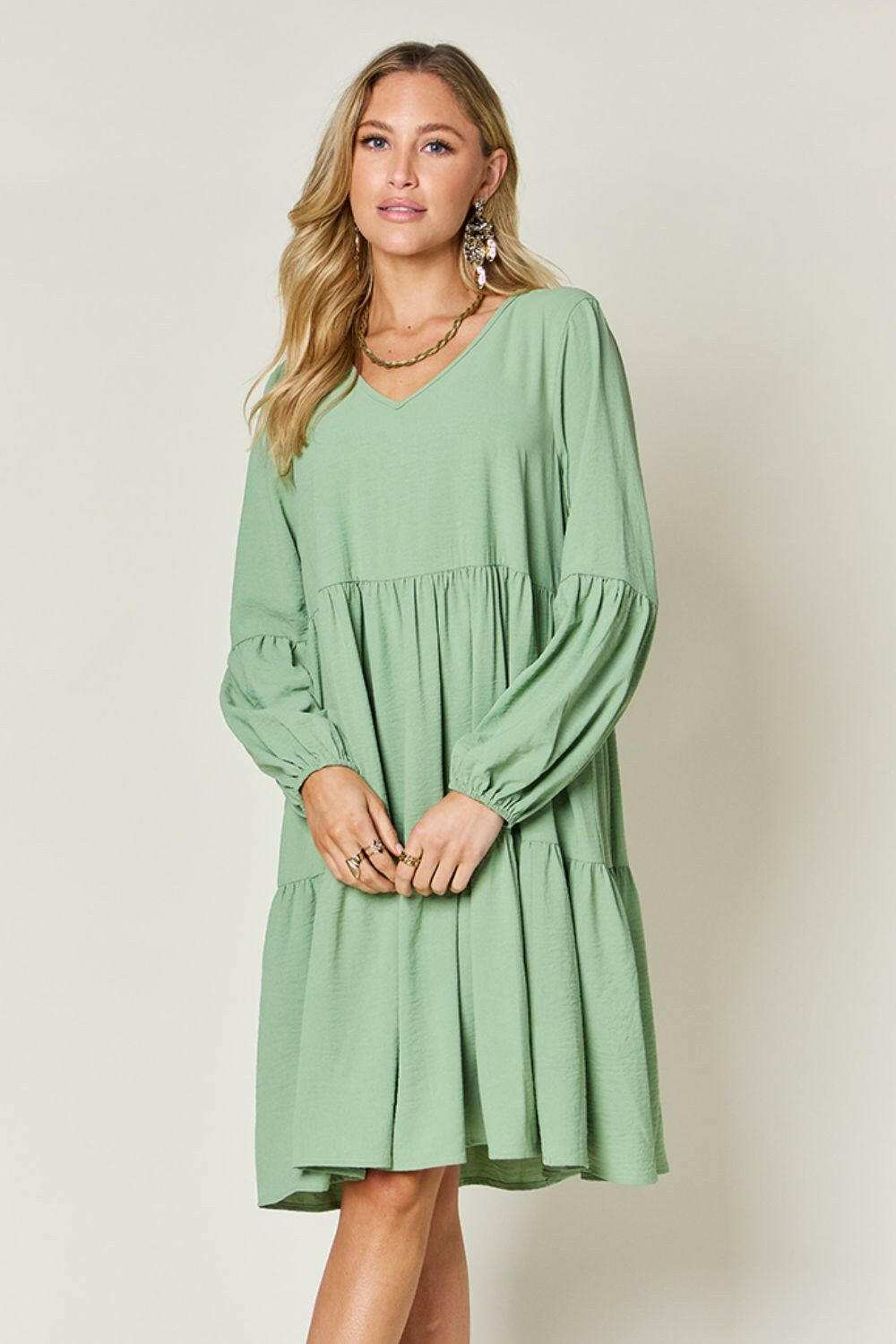 Double Take Full Size V-Neck Balloon Sleeve Tiered Dress.