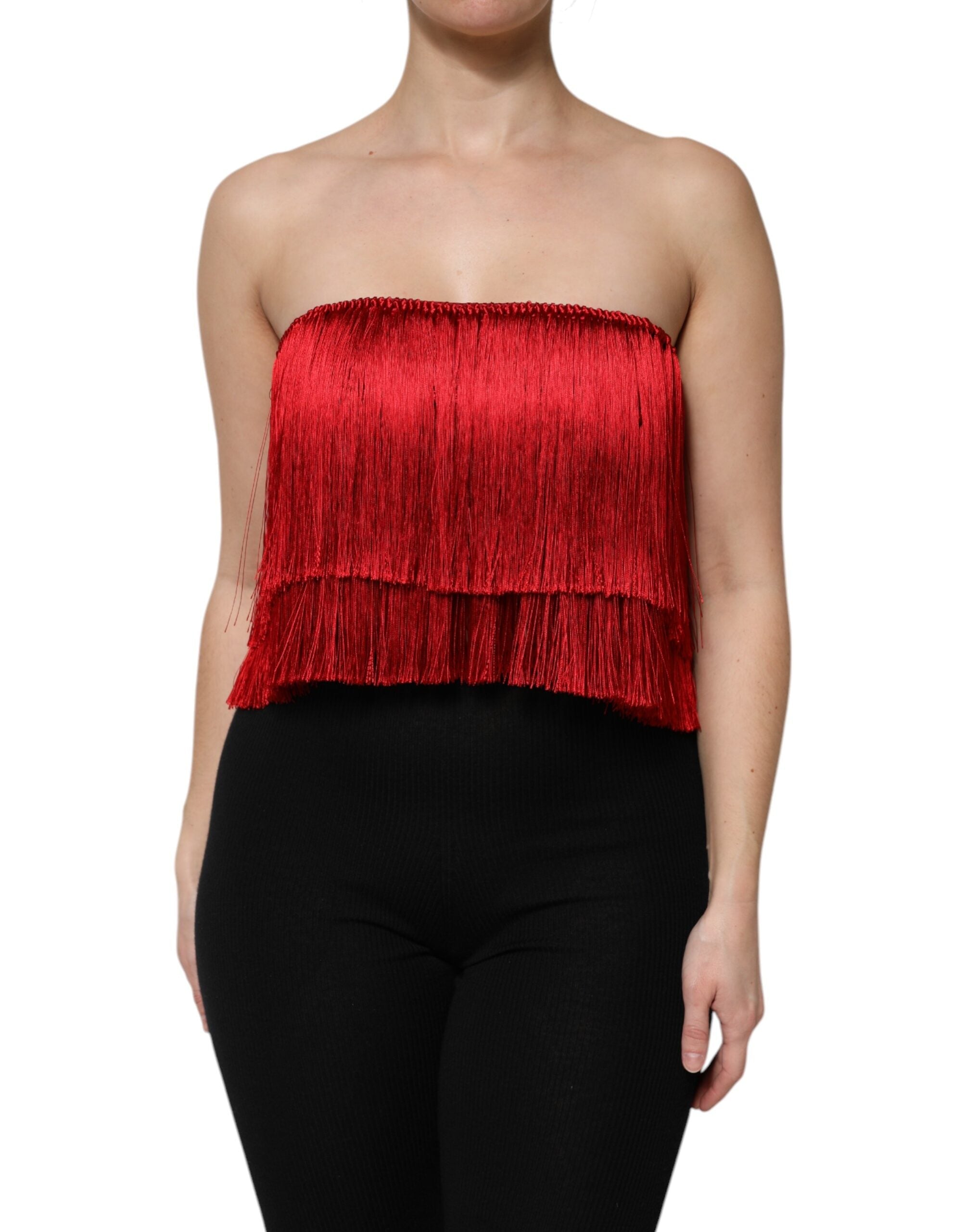 Dolce & Gabbana Red Silk Strapless Fringe Crop Tube Top Dolce & Gabbana