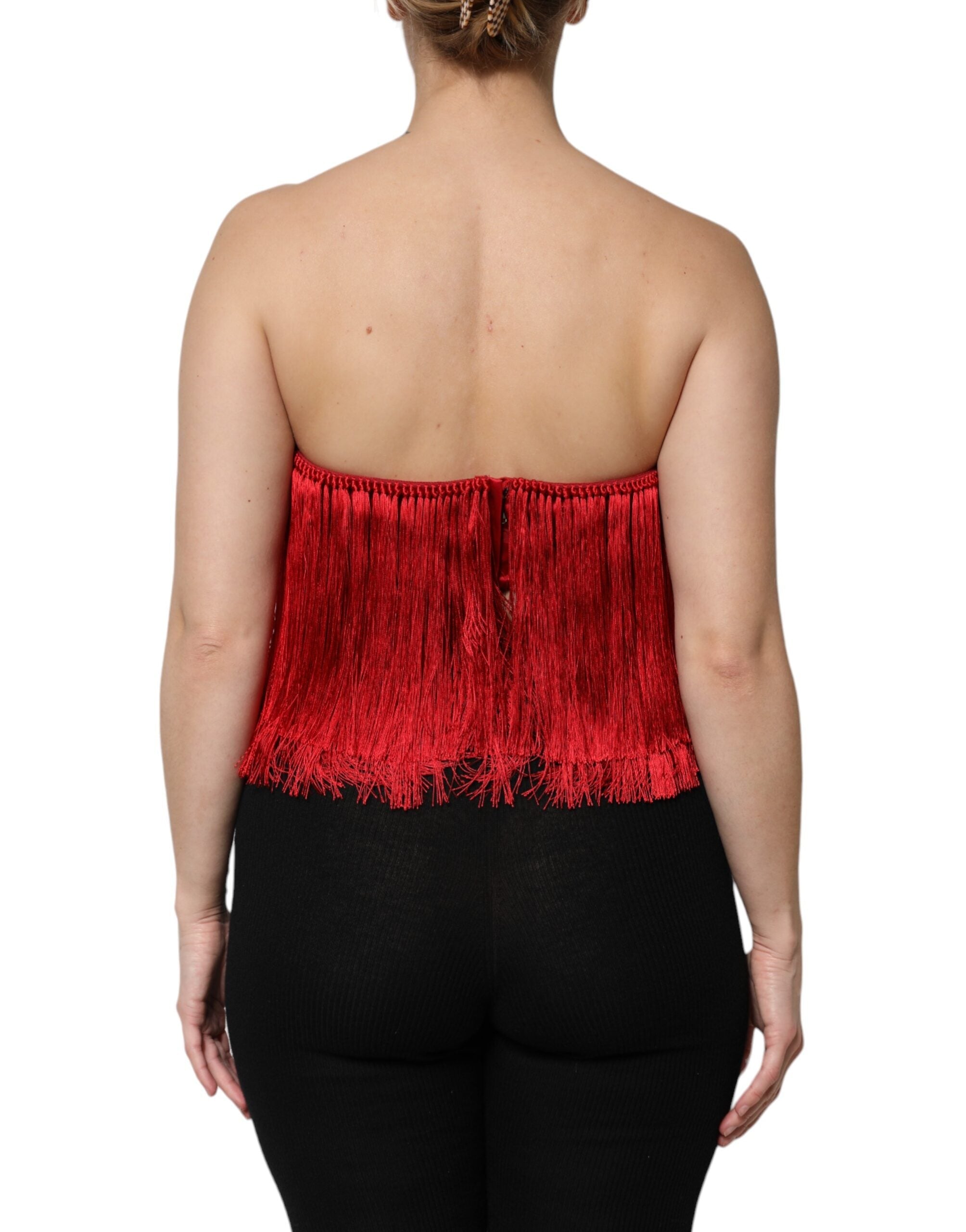 Dolce & Gabbana Red Silk Strapless Fringe Crop Tube Top Dolce & Gabbana