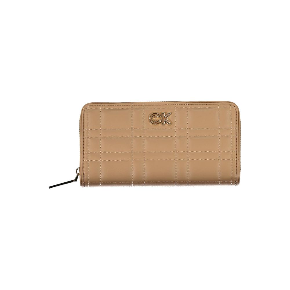 Calvin Klein beige polyester wallet with zip closure, 5 compartments, coin purse, RFID block, and logo detail