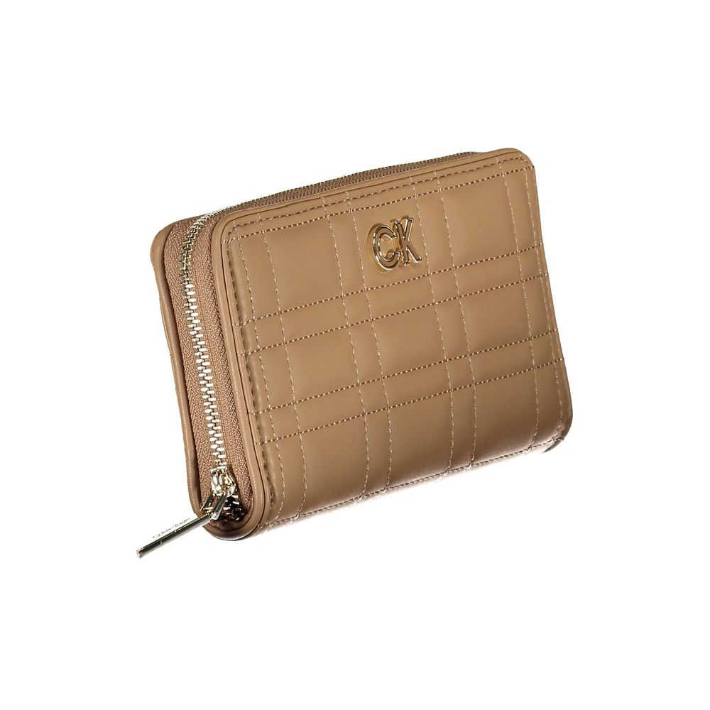 Calvin Klein beige polyester wallet with zip closure, logo, five compartments, coin purse, and RFID block.