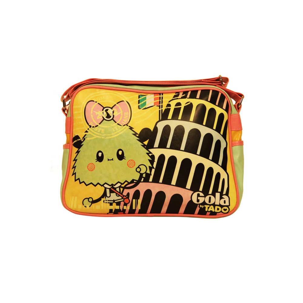 Gola green synthetic handbag with adjustable shoulder strap, zip, external and internal pockets, cartoon print, and logo