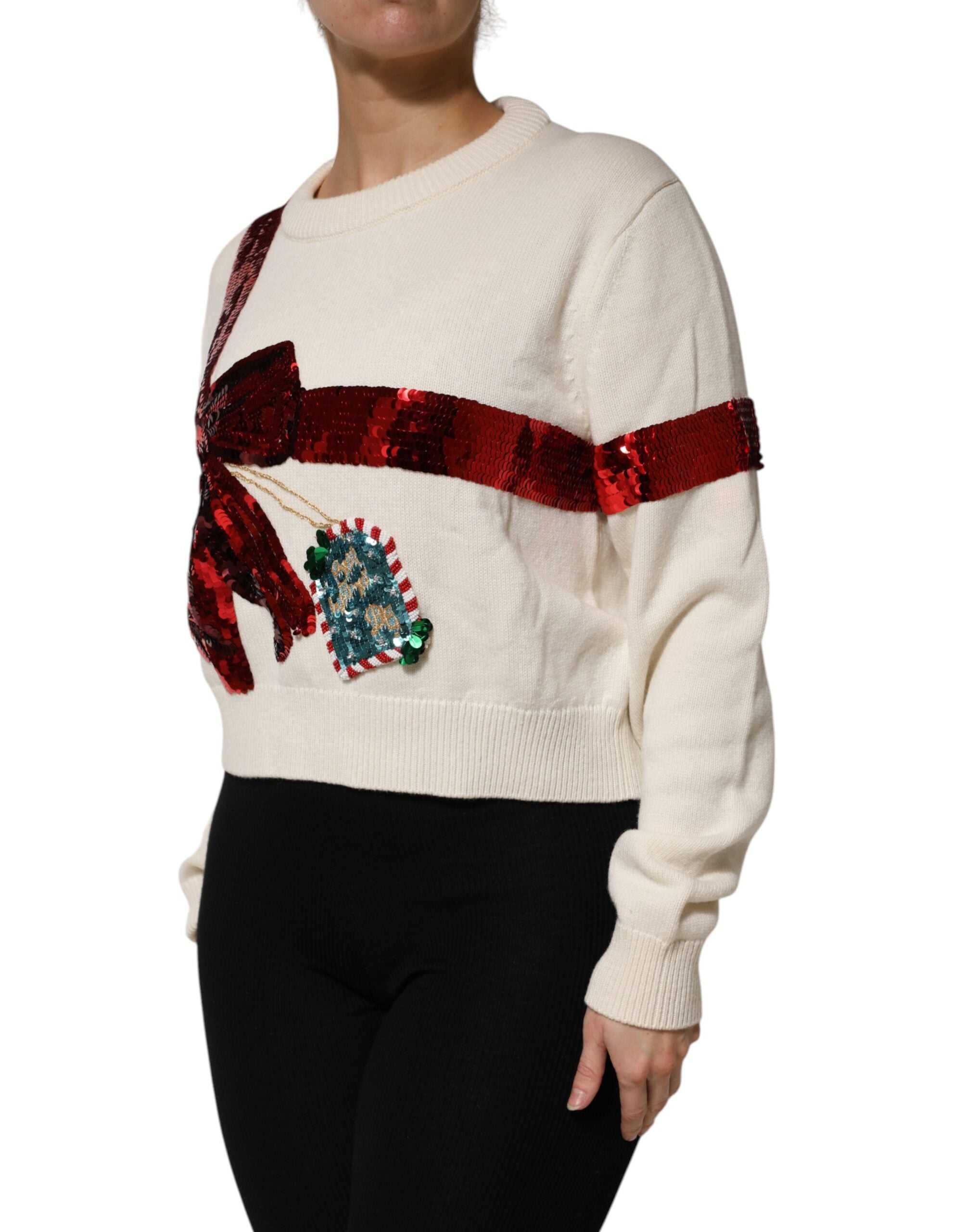 Dolce & Gabbana White Sequined Crew Neck Pullover Sweater