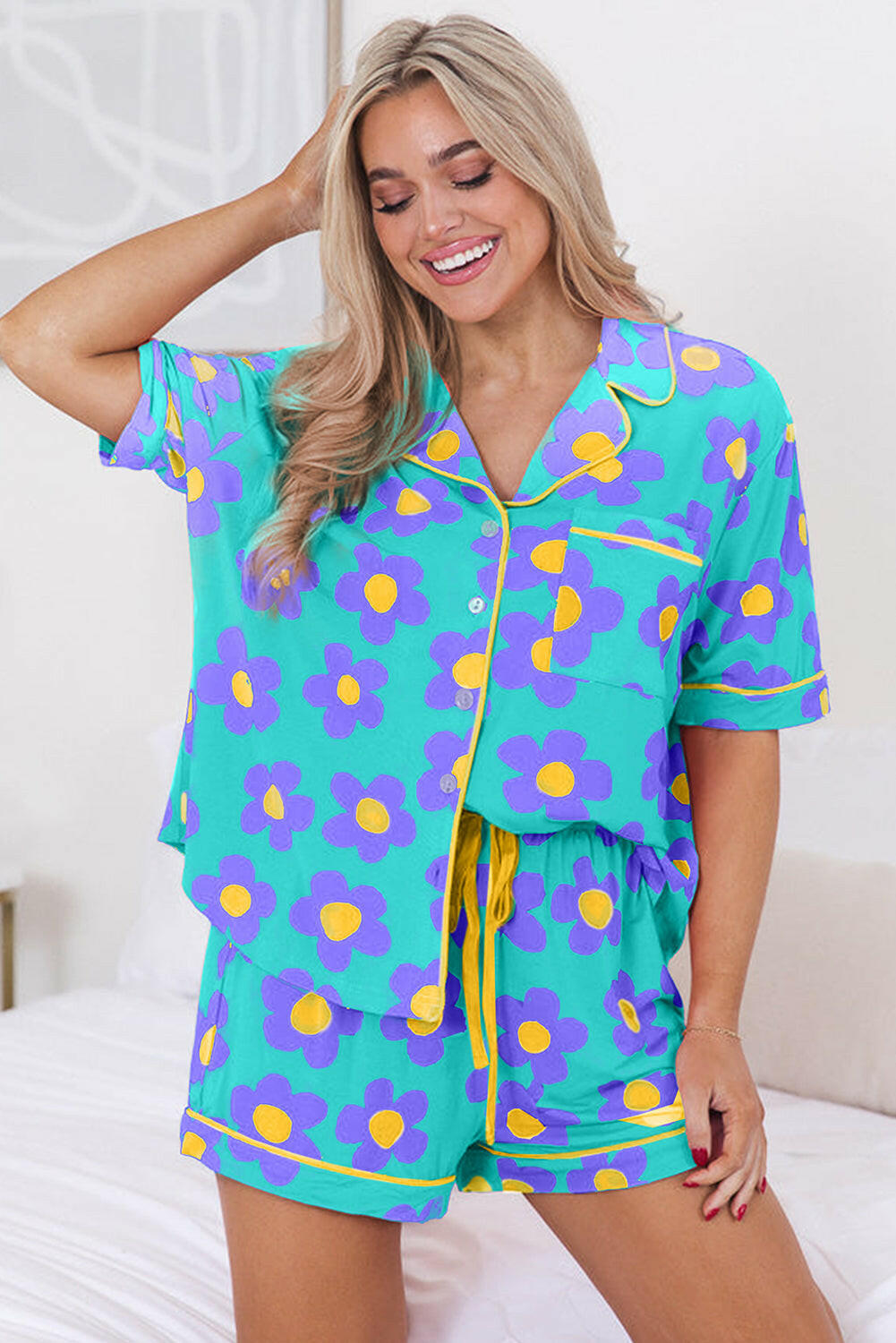 Luxury Flower Print Buttoned Shirt And Drawstring Waist Pajama Set.