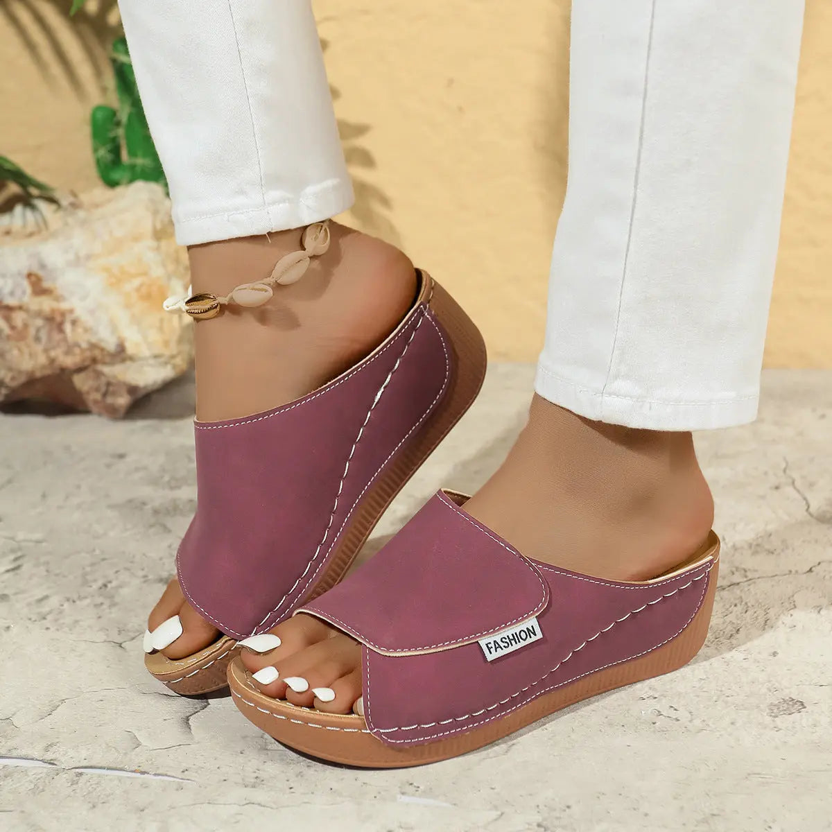 Summer Wedge Slides Slippers Fashion Fish Mouth Thick Bottom Roman Shoes Solid Color Beach Sandals For Women - MaraFormigone