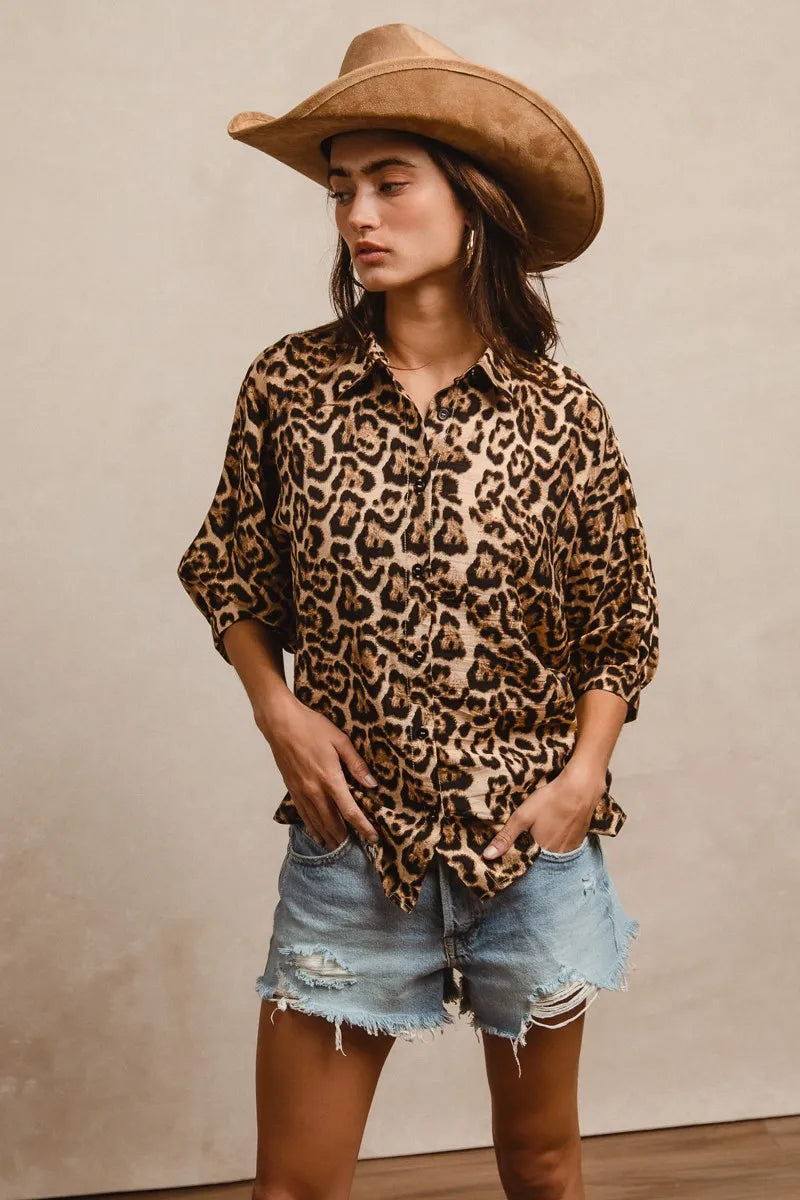BiBi Leopard Prints Overseized Short Sleeves Top.