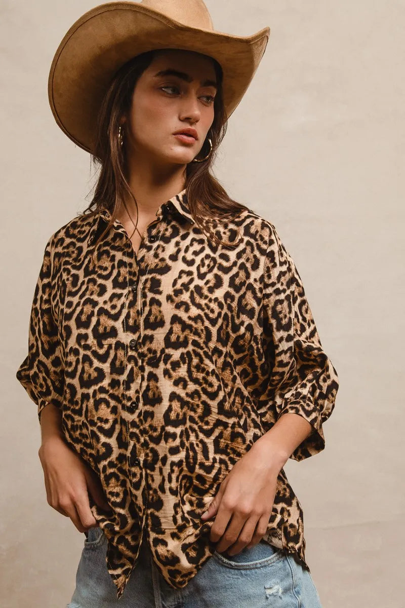BiBi Leopard Prints Overseized Short Sleeves Top.