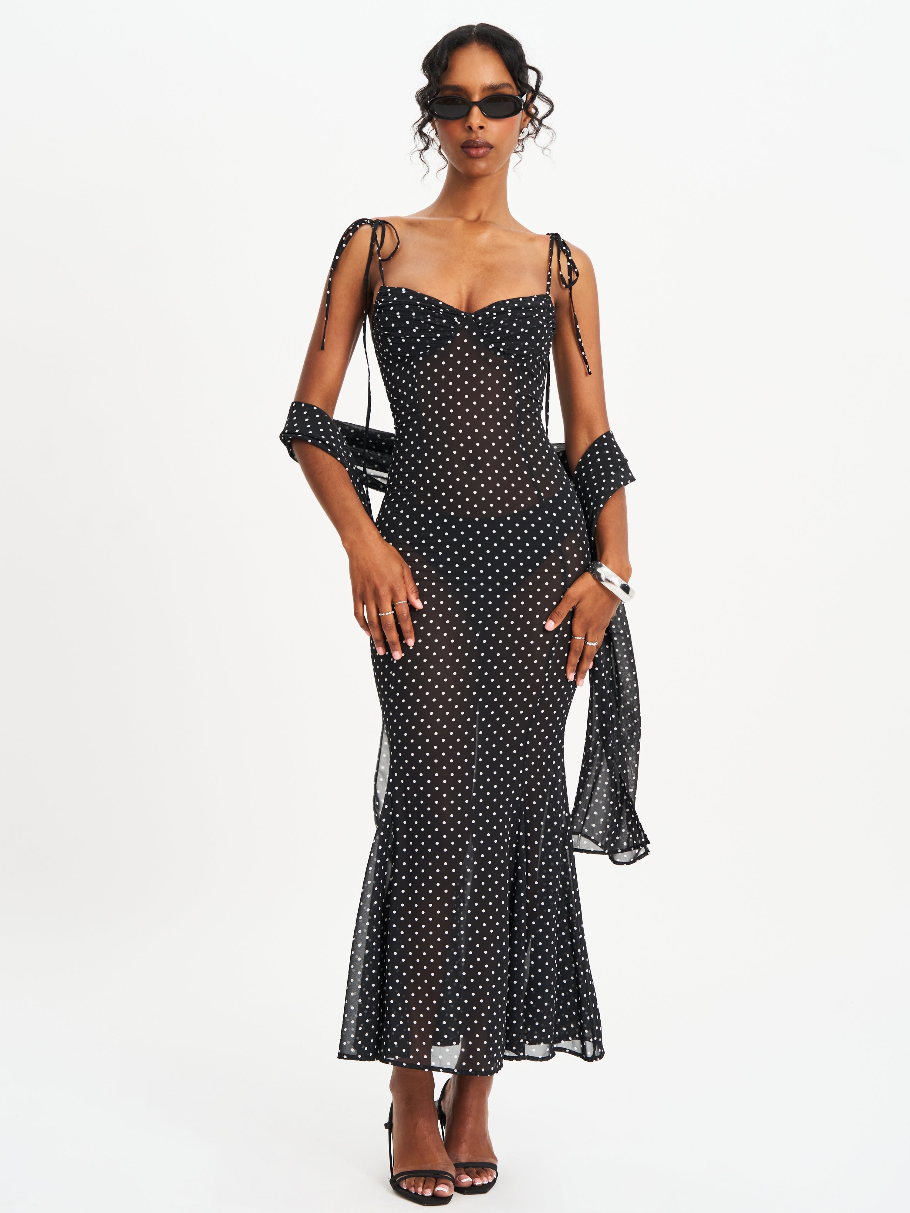 Yadira Black Base Polka Dot Chiffon Maxi Dress