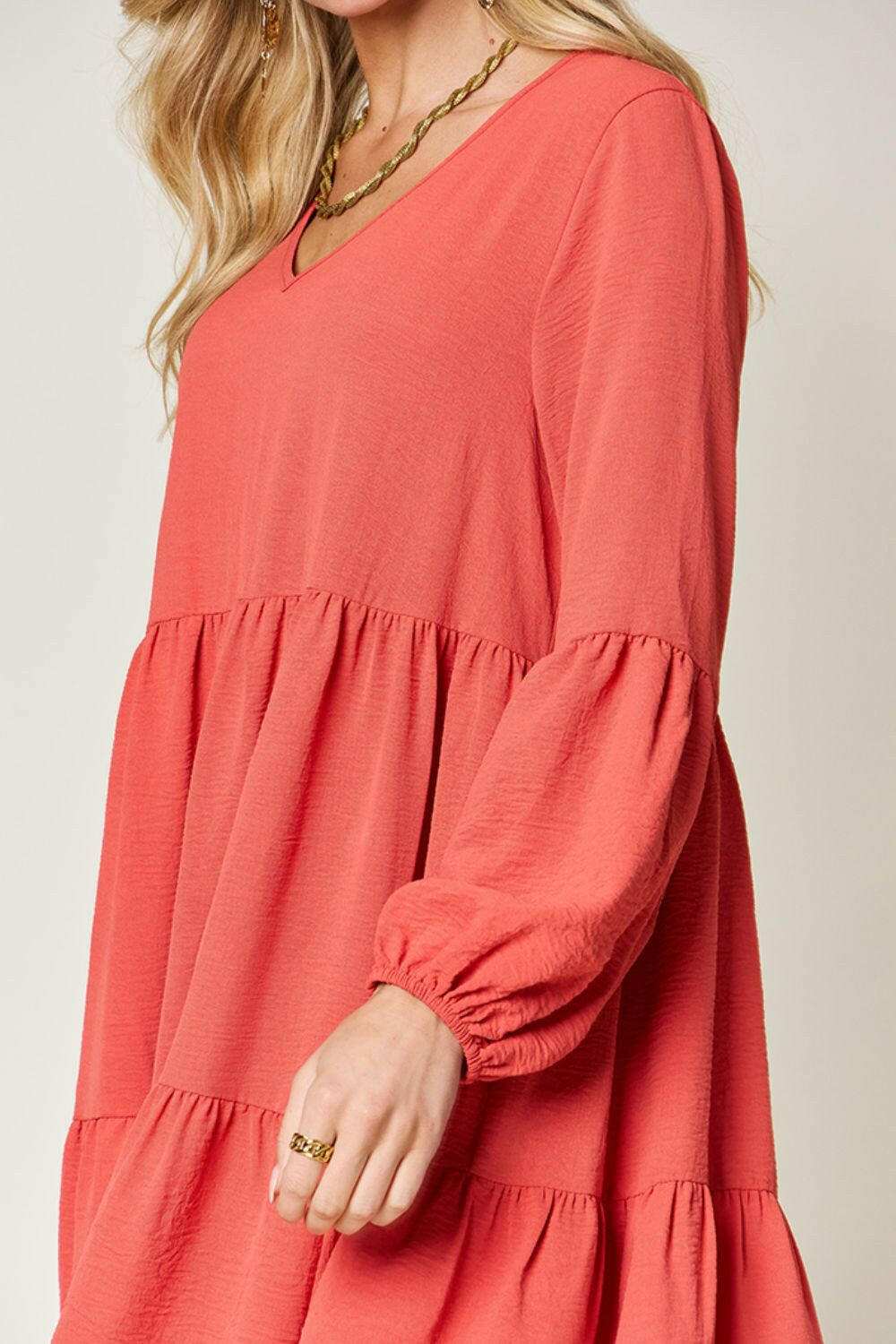Double Take Full Size V-Neck Balloon Sleeve Tiered Dress - MaraFormigone