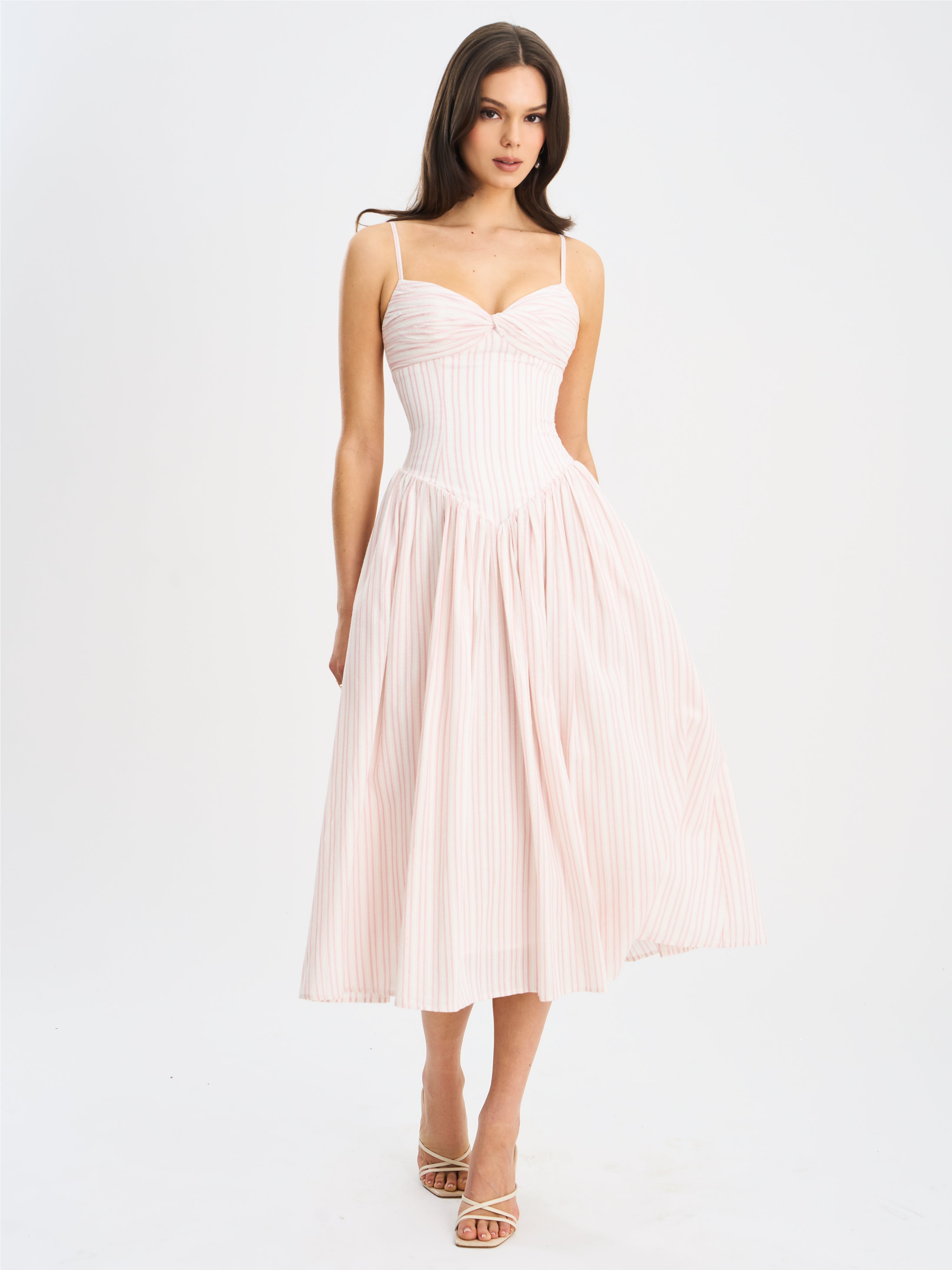 Zania Pink Stripe Ruched Breast Cotton Jacquard Midi Dress