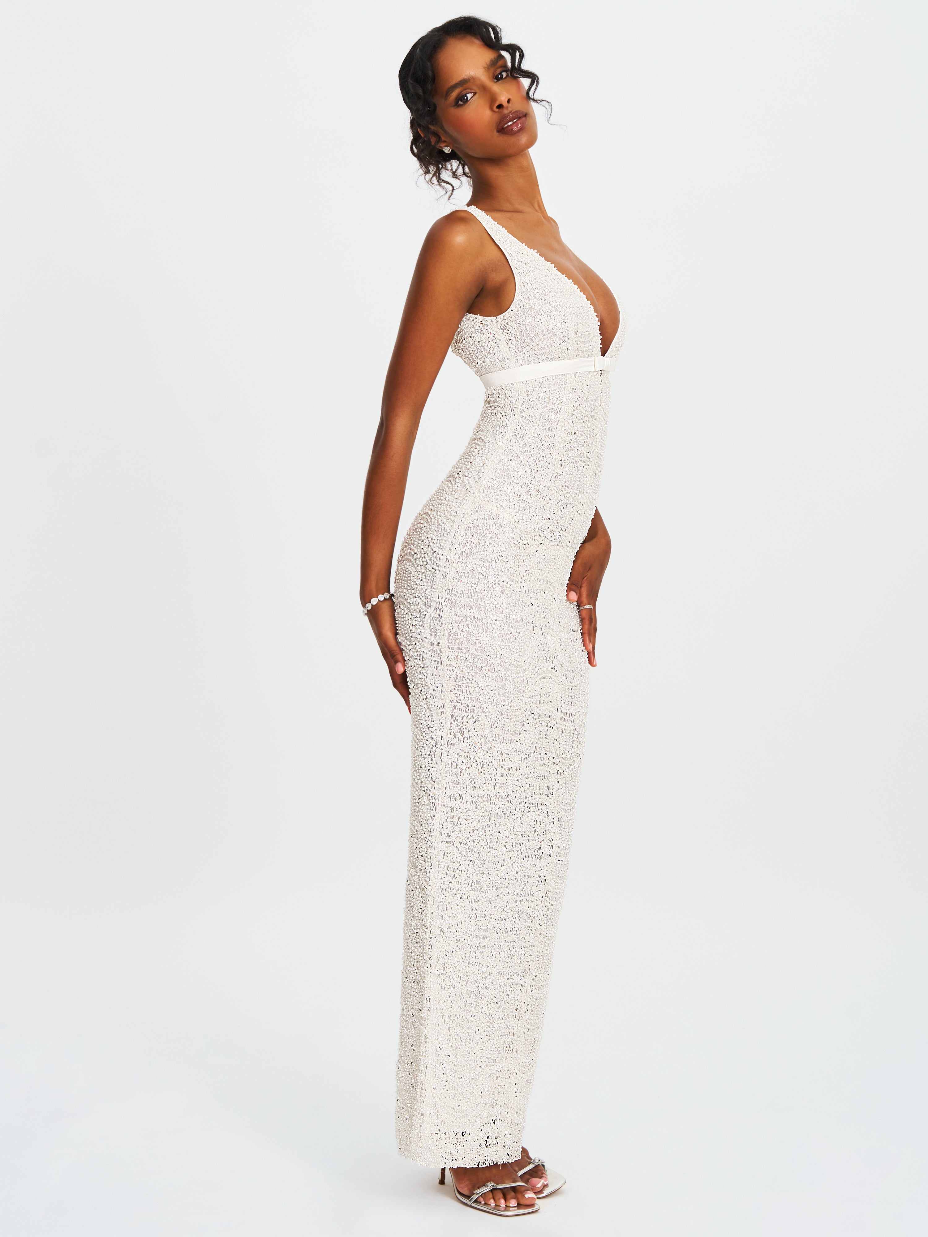 Adelaide White Beaded Sequin Net Bodycon Gown