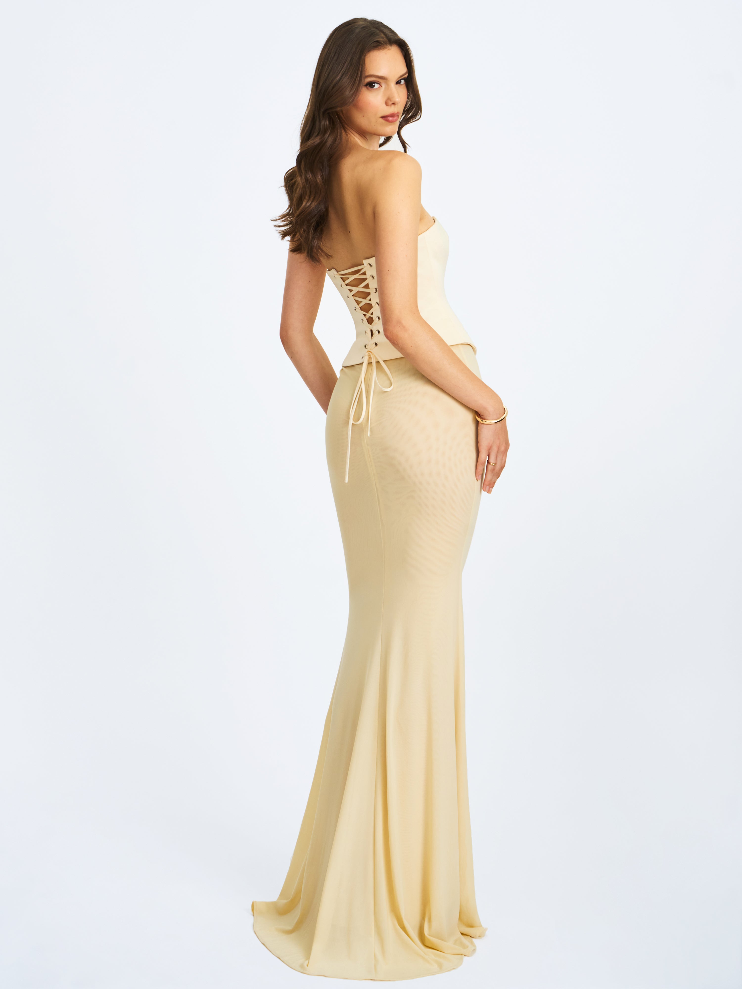 Adelina Butter Yellow Peplum Mermaid Gown with Lace-up Back