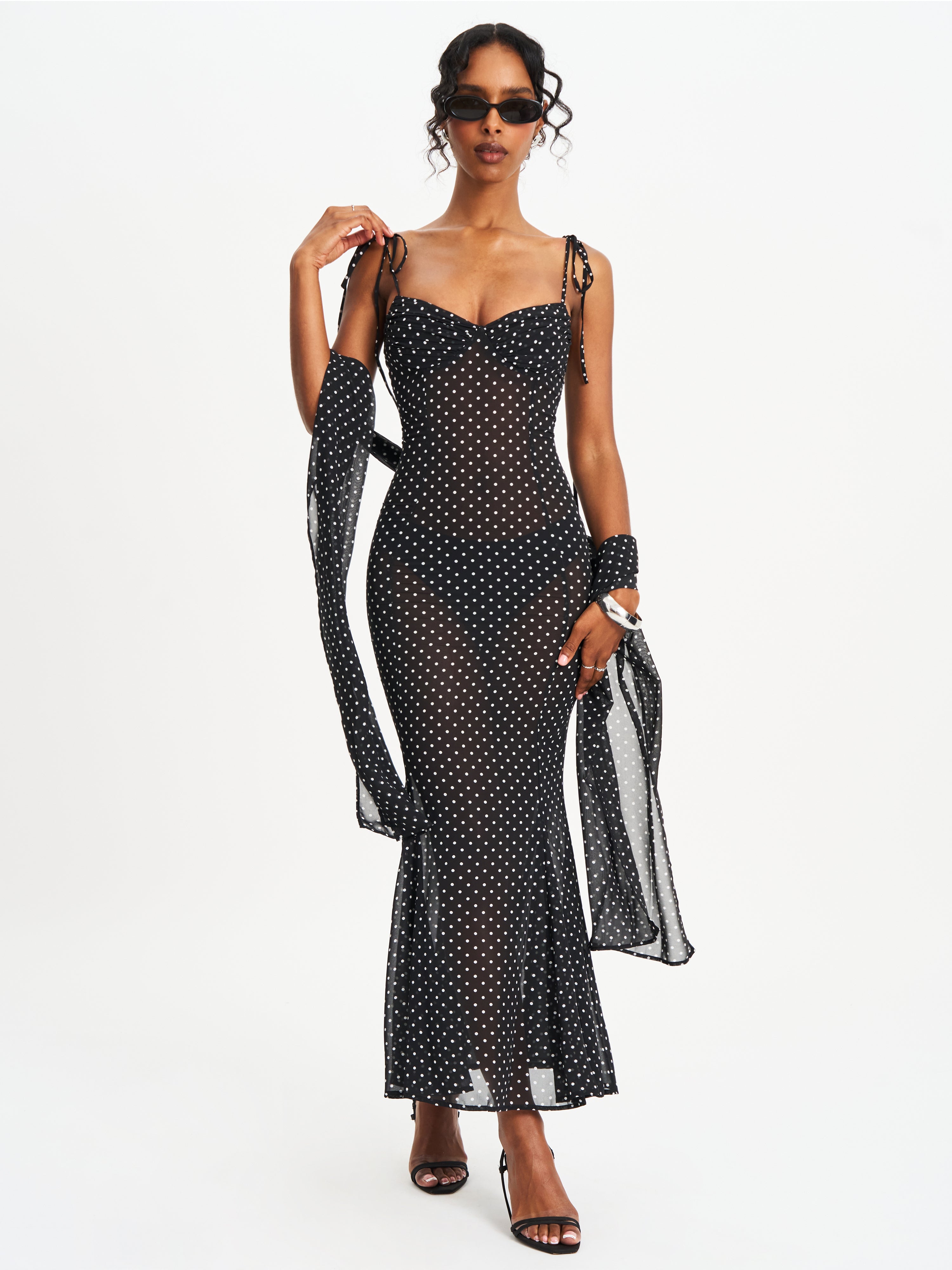 Yadira Black Base Polka Dot Chiffon Maxi Dress