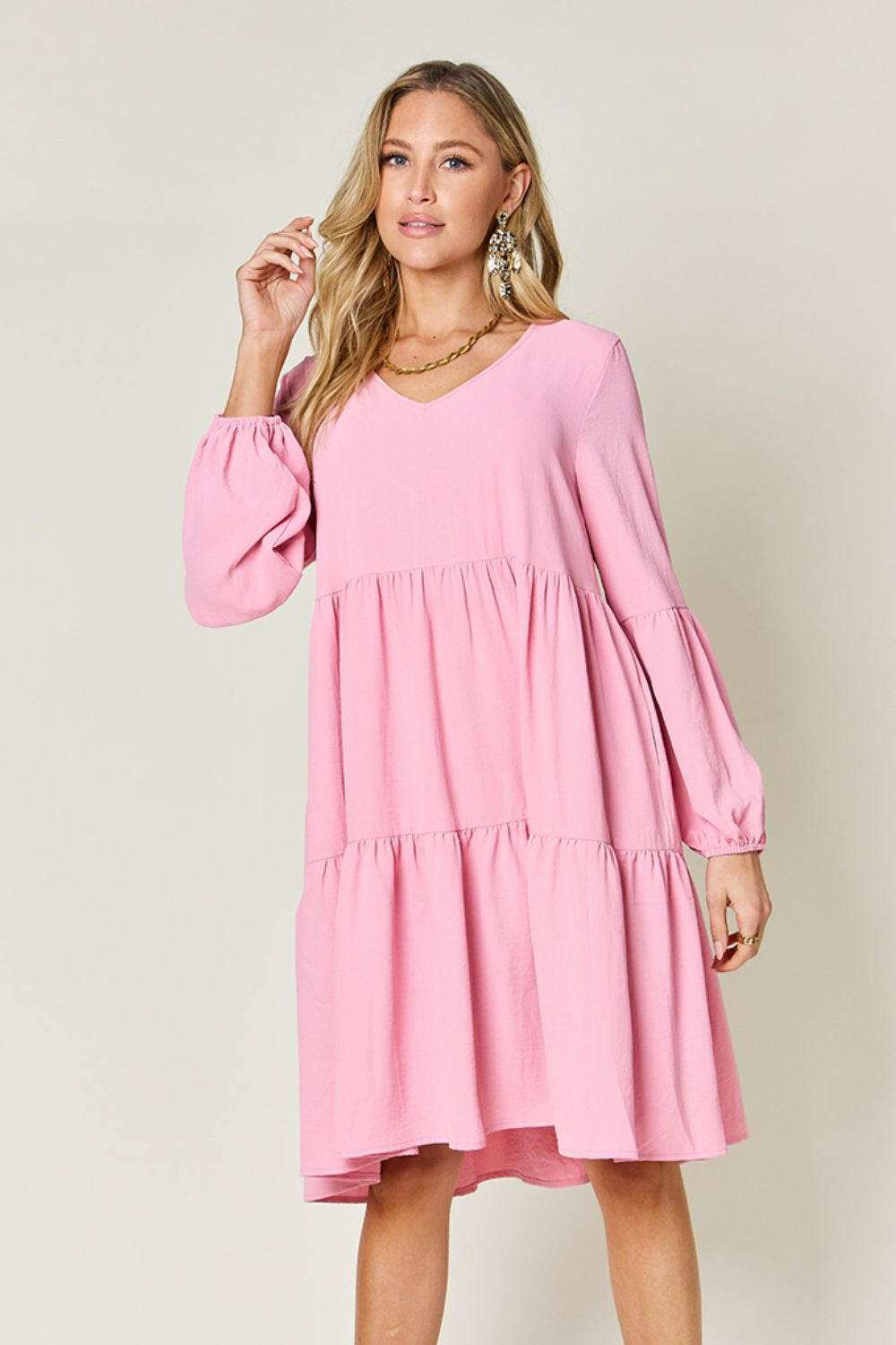 Double Take Full Size V-Neck Balloon Sleeve Tiered Dress.
